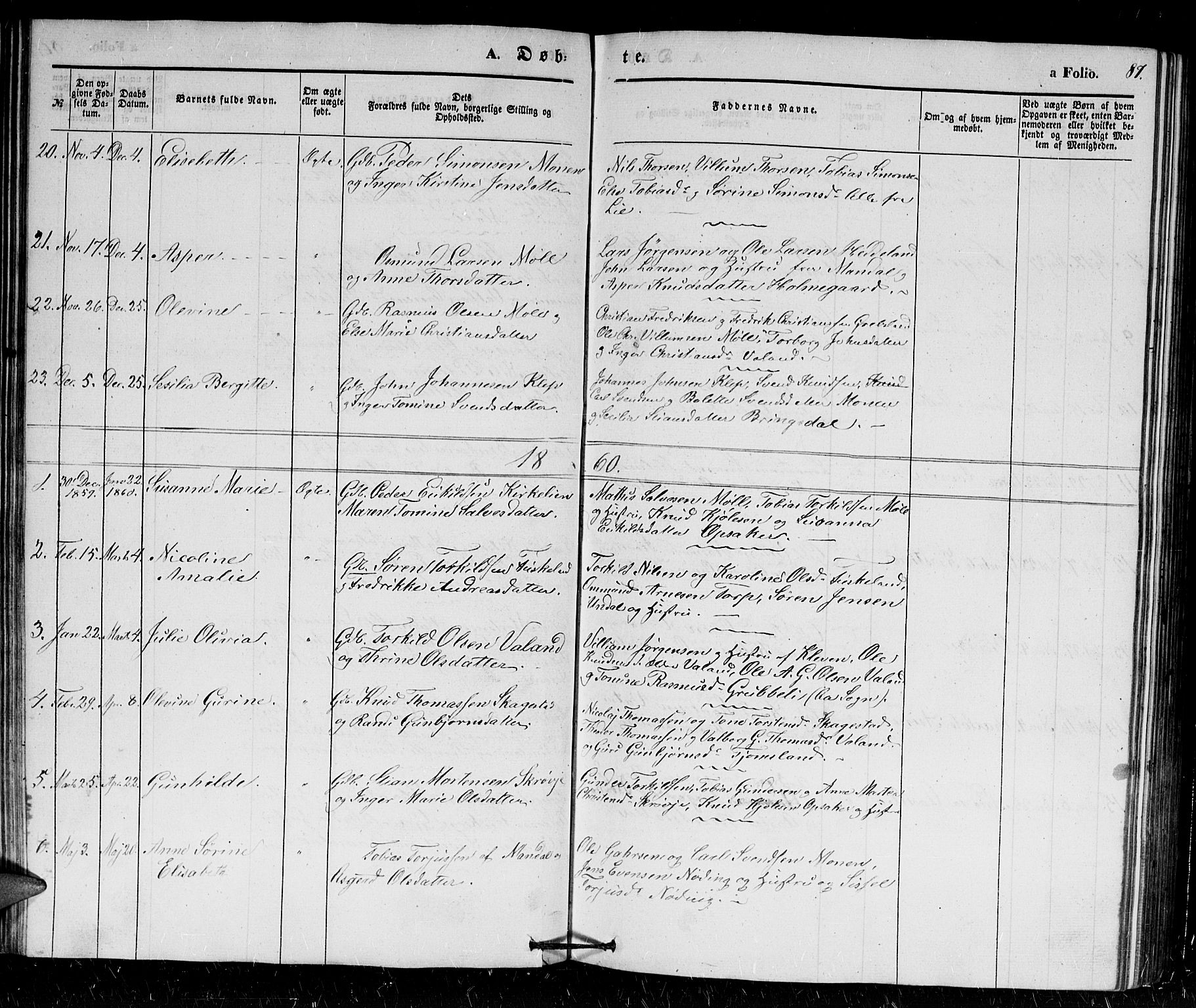 Holum sokneprestkontor, AV/SAK-1111-0022/F/Fb/Fba/L0003: Parish register (copy) no. B 3, 1850-1866, p. 87