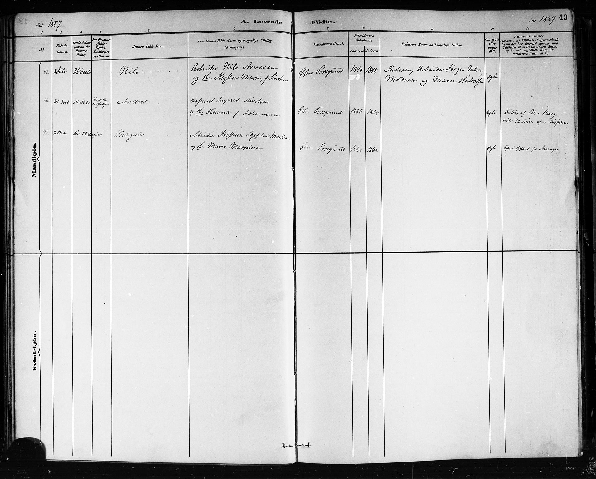 Porsgrunn kirkebøker , SAKO/A-104/G/Gb/L0005: Parish register (copy) no. II 5, 1883-1915, p. 43