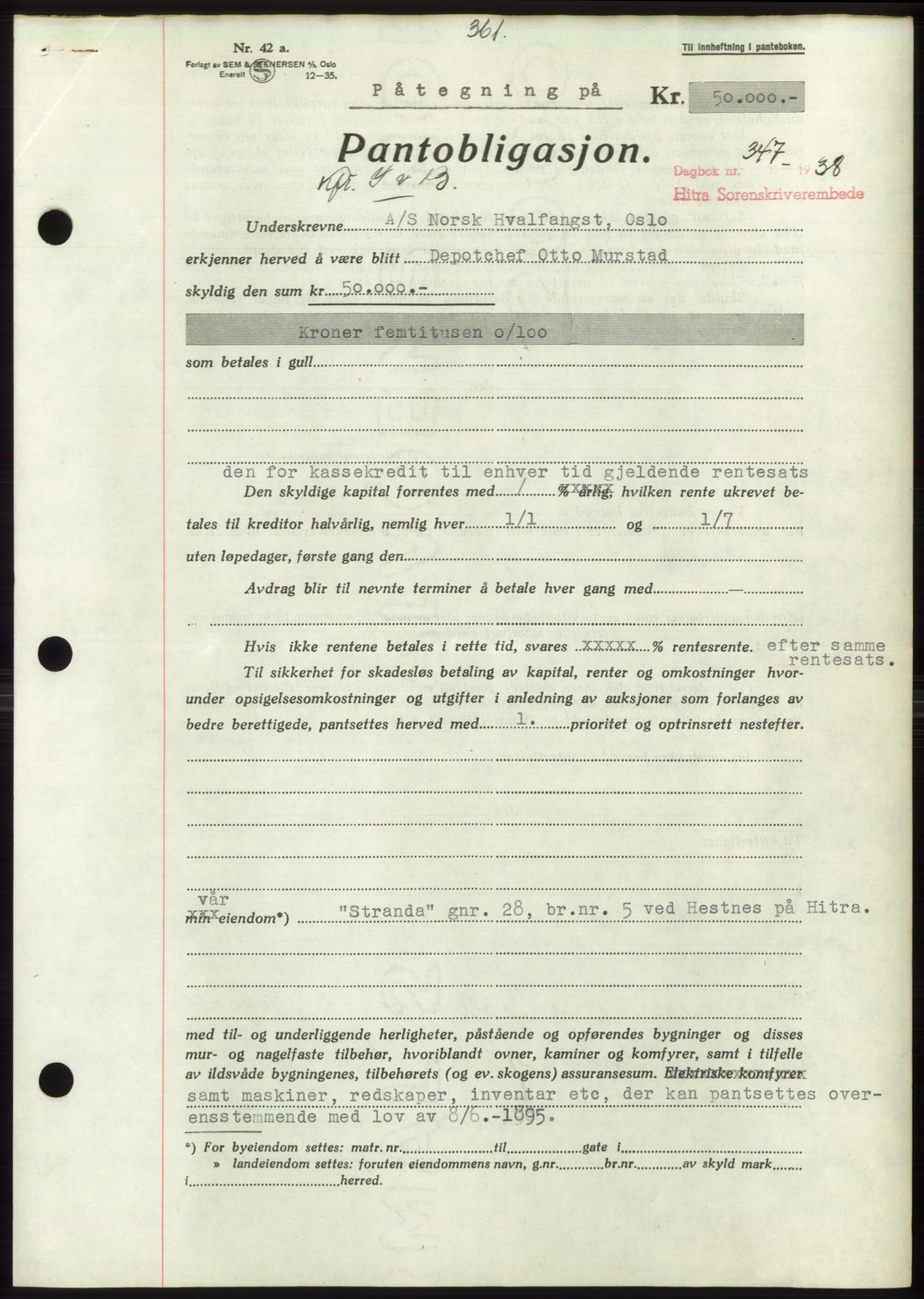 Hitra sorenskriveri, AV/SAT-A-0018/2/2C/2Ca: Mortgage book no. C1, 1936-1945, Diary no: : 347/1938