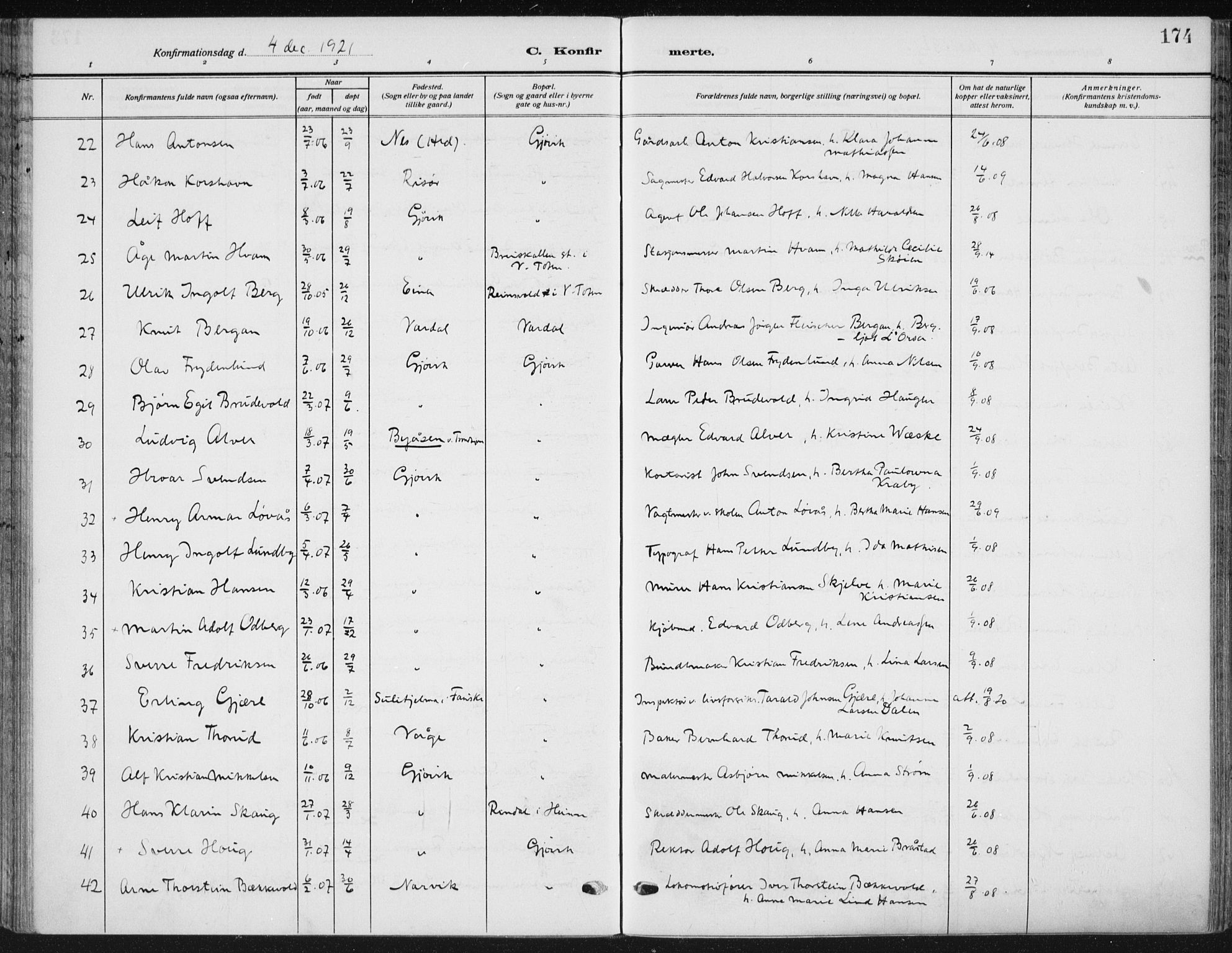 Vardal prestekontor, AV/SAH-PREST-100/H/Ha/Haa/L0014: Parish register (official) no. 14, 1912-1922, p. 174