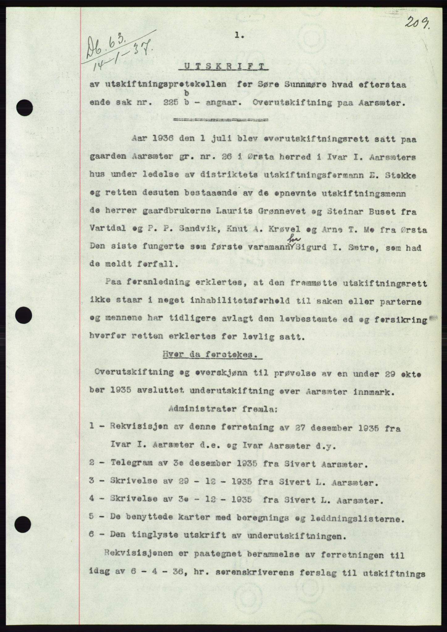 Søre Sunnmøre sorenskriveri, AV/SAT-A-4122/1/2/2C/L0062: Mortgage book no. 56, 1936-1937, Diary no: : 63/1937