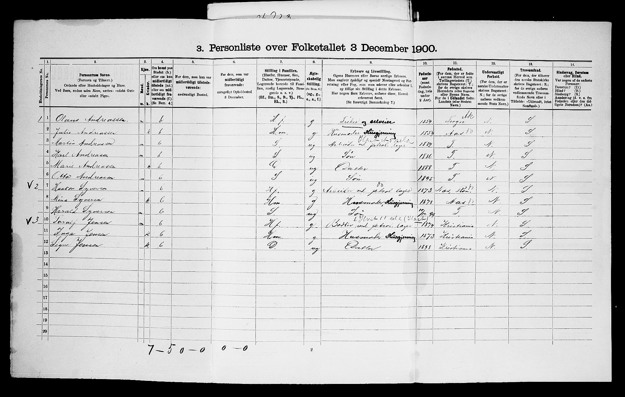 SAO, 1900 census for Nesodden, 1900