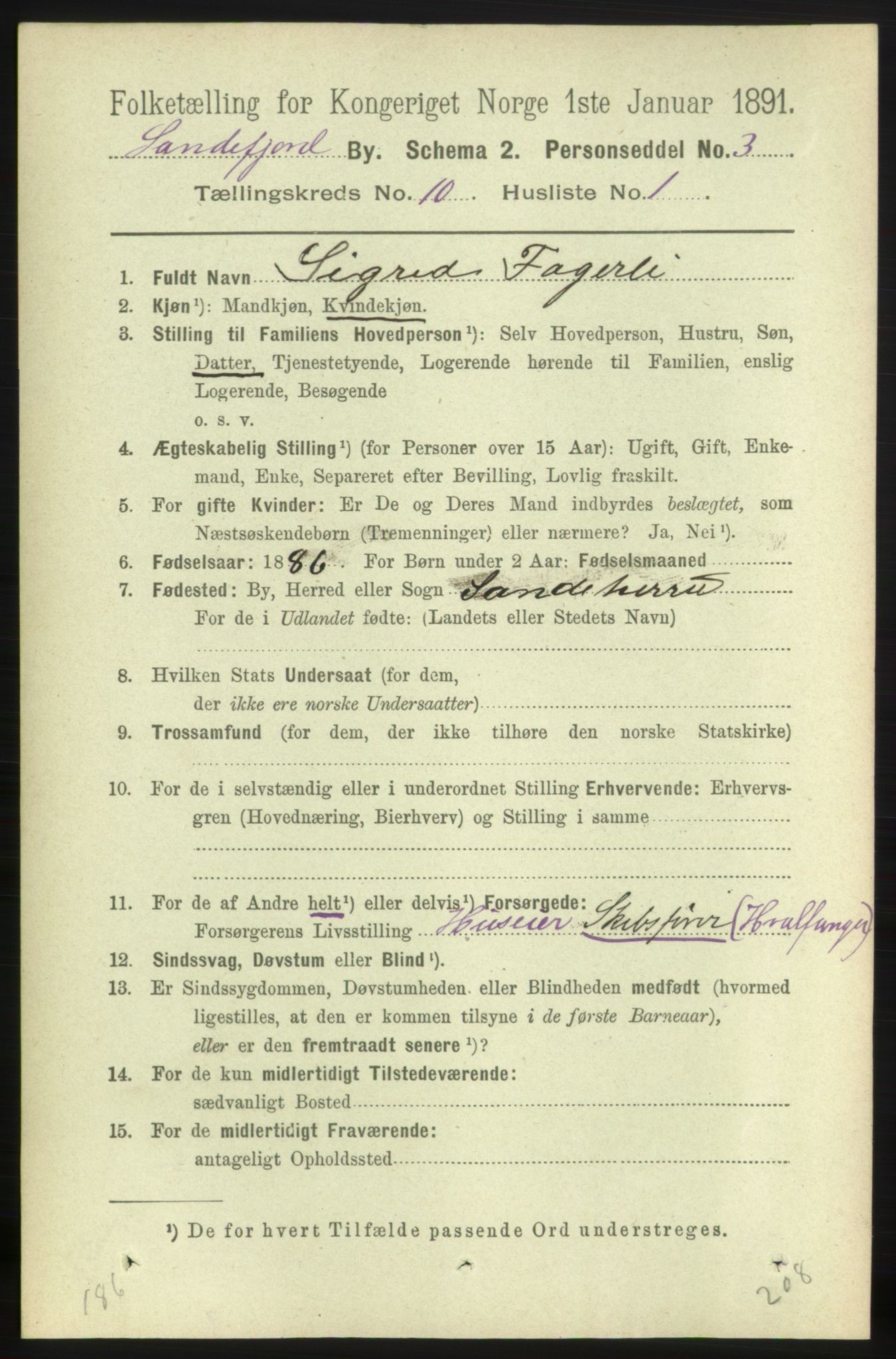 RA, 1891 census for 0706 Sandefjord, 1891, p. 3750