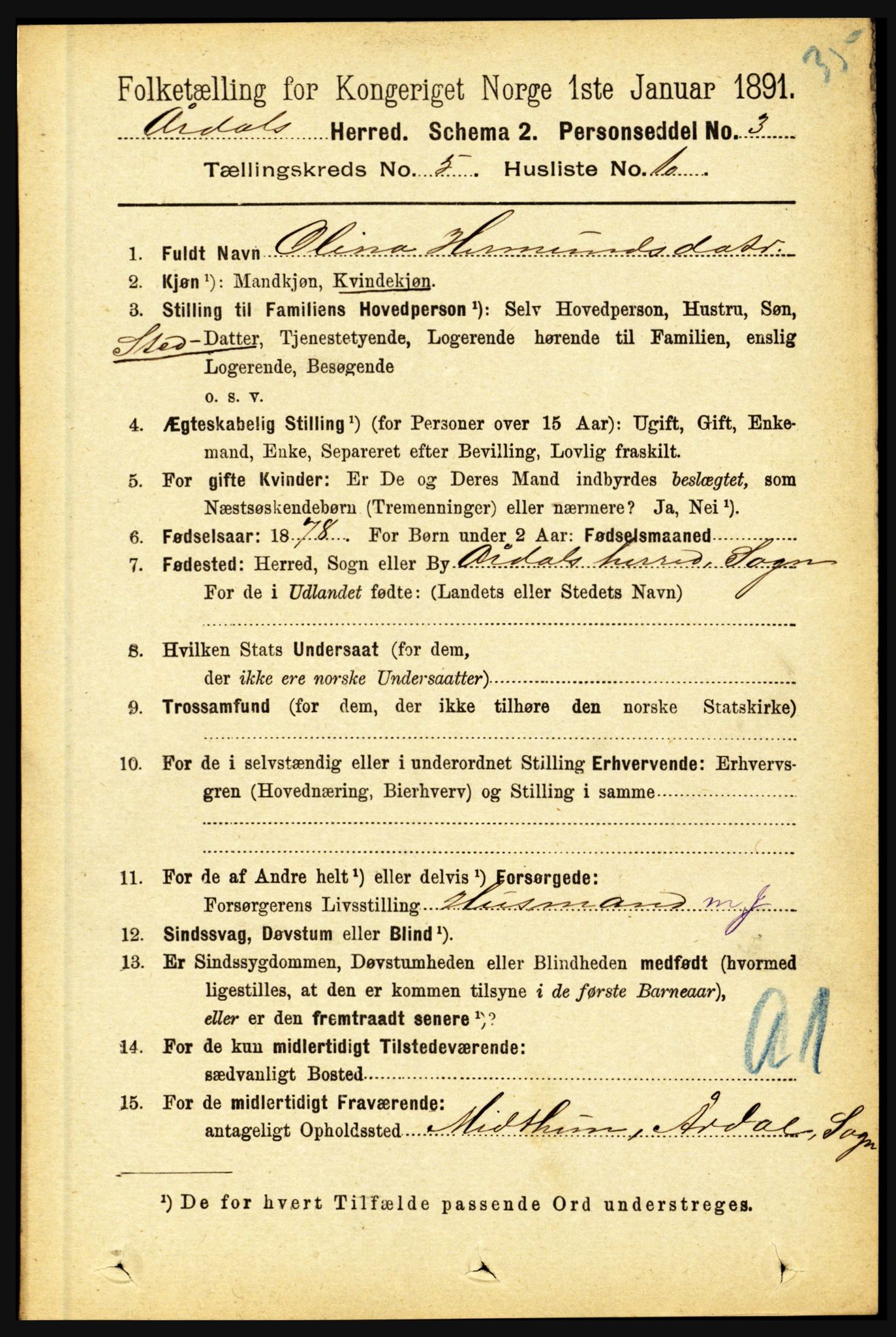 RA, 1891 census for 1424 Årdal, 1891, p. 1041