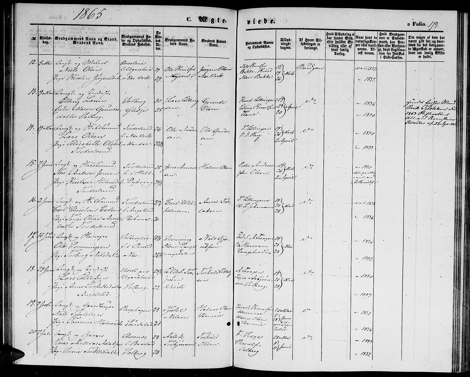 Holt sokneprestkontor, SAK/1111-0021/F/Fb/L0008: Parish register (copy) no. B 8, 1858-1871, p. 179