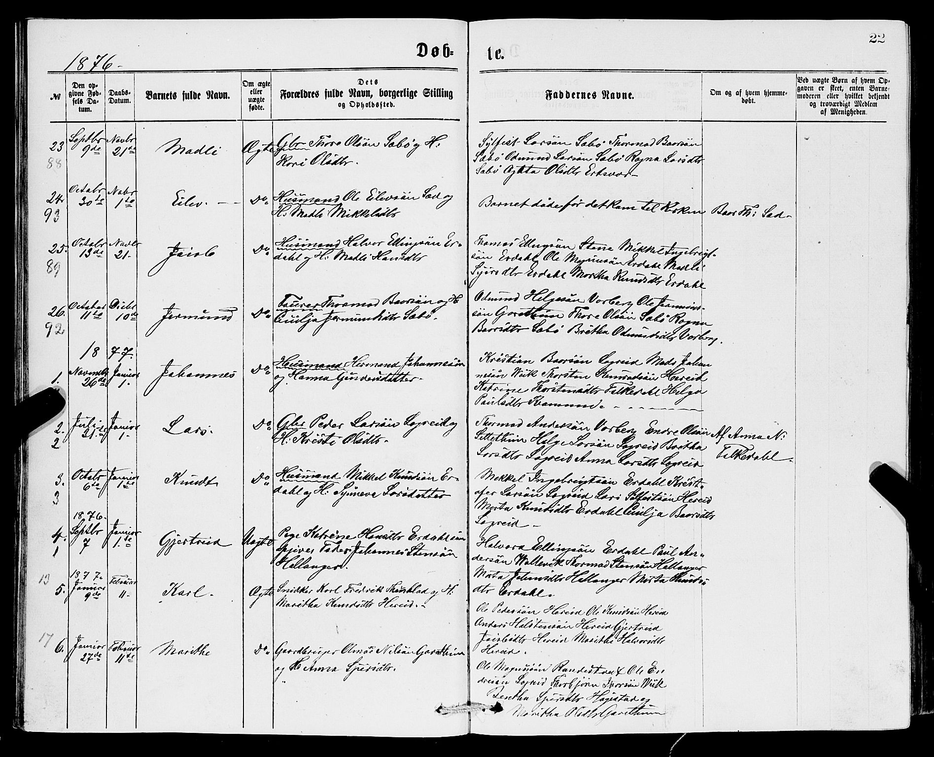 Ullensvang sokneprestembete, SAB/A-78701/H/Hab: Parish register (copy) no. C 2, 1871-1899, p. 22
