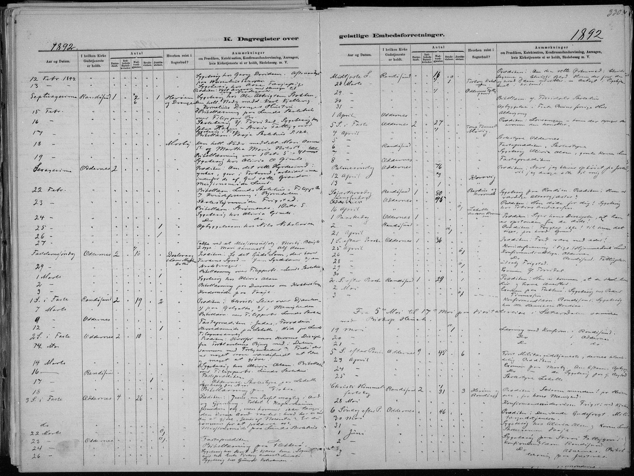 Oddernes sokneprestkontor, AV/SAK-1111-0033/F/Fa/Faa/L0009: Parish register (official) no. A 9, 1884-1896, p. 330