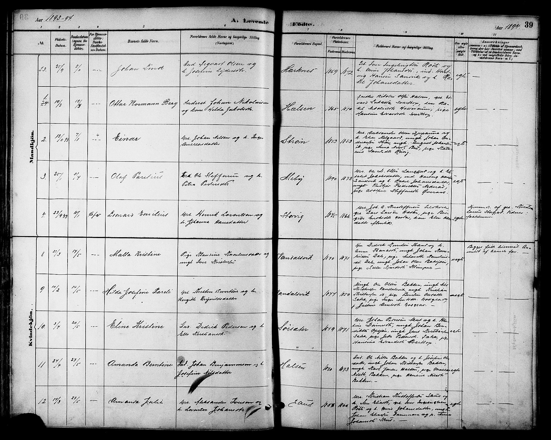 Ministerialprotokoller, klokkerbøker og fødselsregistre - Nordland, AV/SAT-A-1459/814/L0230: Parish register (copy) no. 814C03, 1884-1911, p. 39