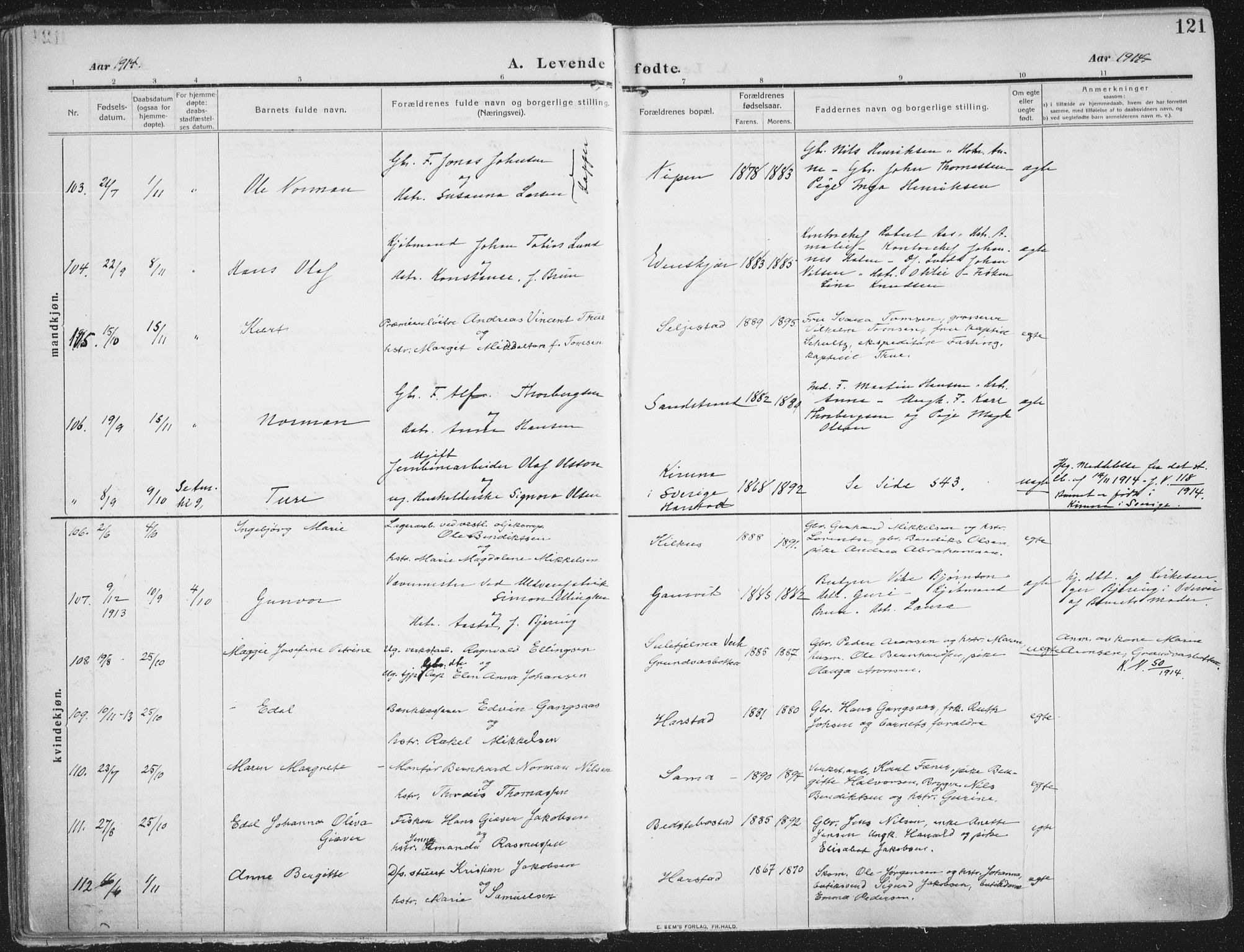 Trondenes sokneprestkontor, AV/SATØ-S-1319/H/Ha/L0018kirke: Parish register (official) no. 18, 1909-1918, p. 121