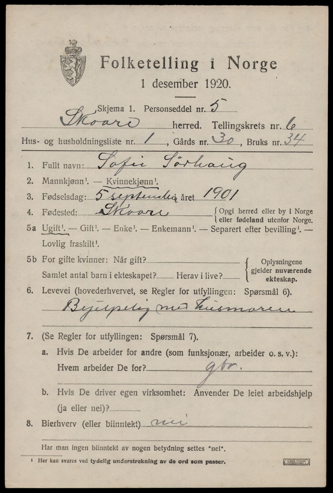 SAST, 1920 census for Skåre, 1920, p. 3736