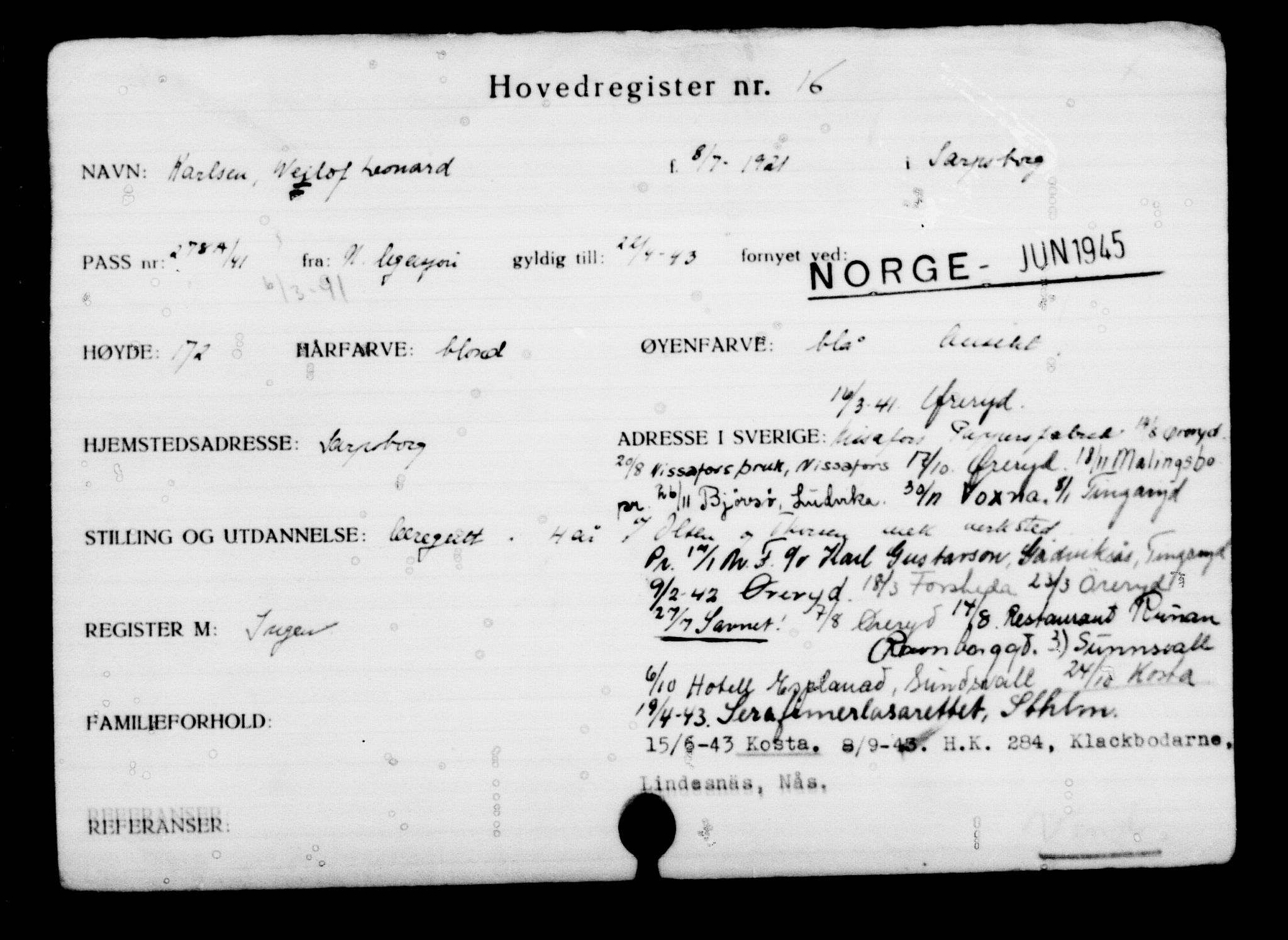 Utenriksstasjonene, Legasjonen i Stockholm, Flyktningkontoret, AV/RA-S-6753/V/Va/L0001: Kjesäterkartoteket, flyktninger med registreringsnr. 1-1000, 1940-1945, p. 23
