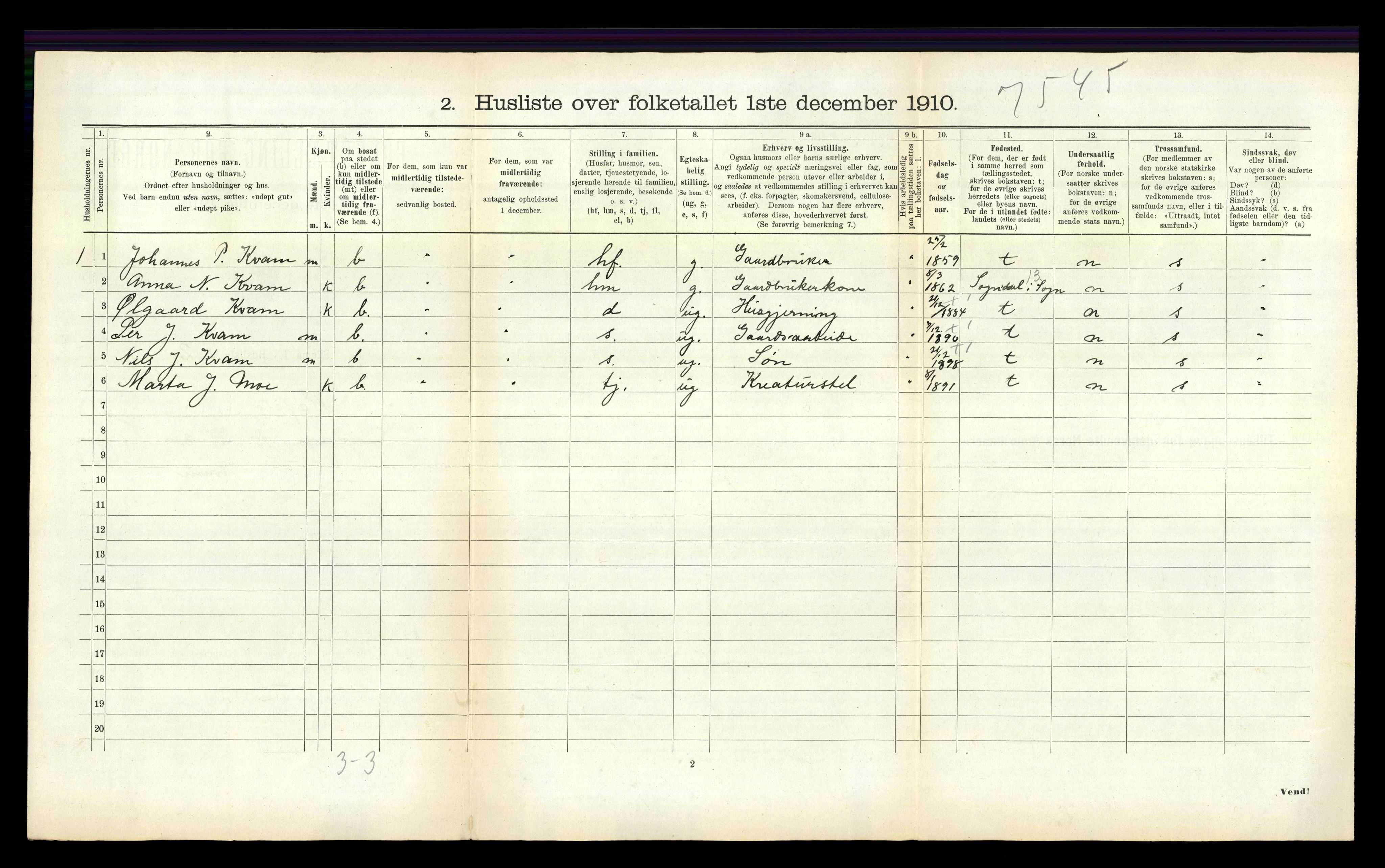 RA, 1910 census for Hafslo, 1910, p. 210