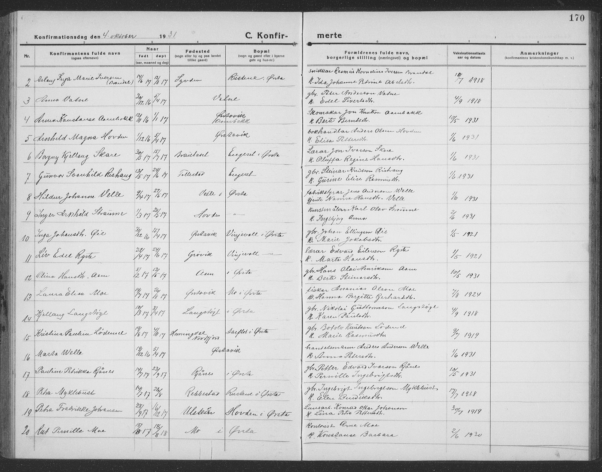 Ministerialprotokoller, klokkerbøker og fødselsregistre - Møre og Romsdal, AV/SAT-A-1454/513/L0191: Parish register (copy) no. 513C05, 1920-1941, p. 170