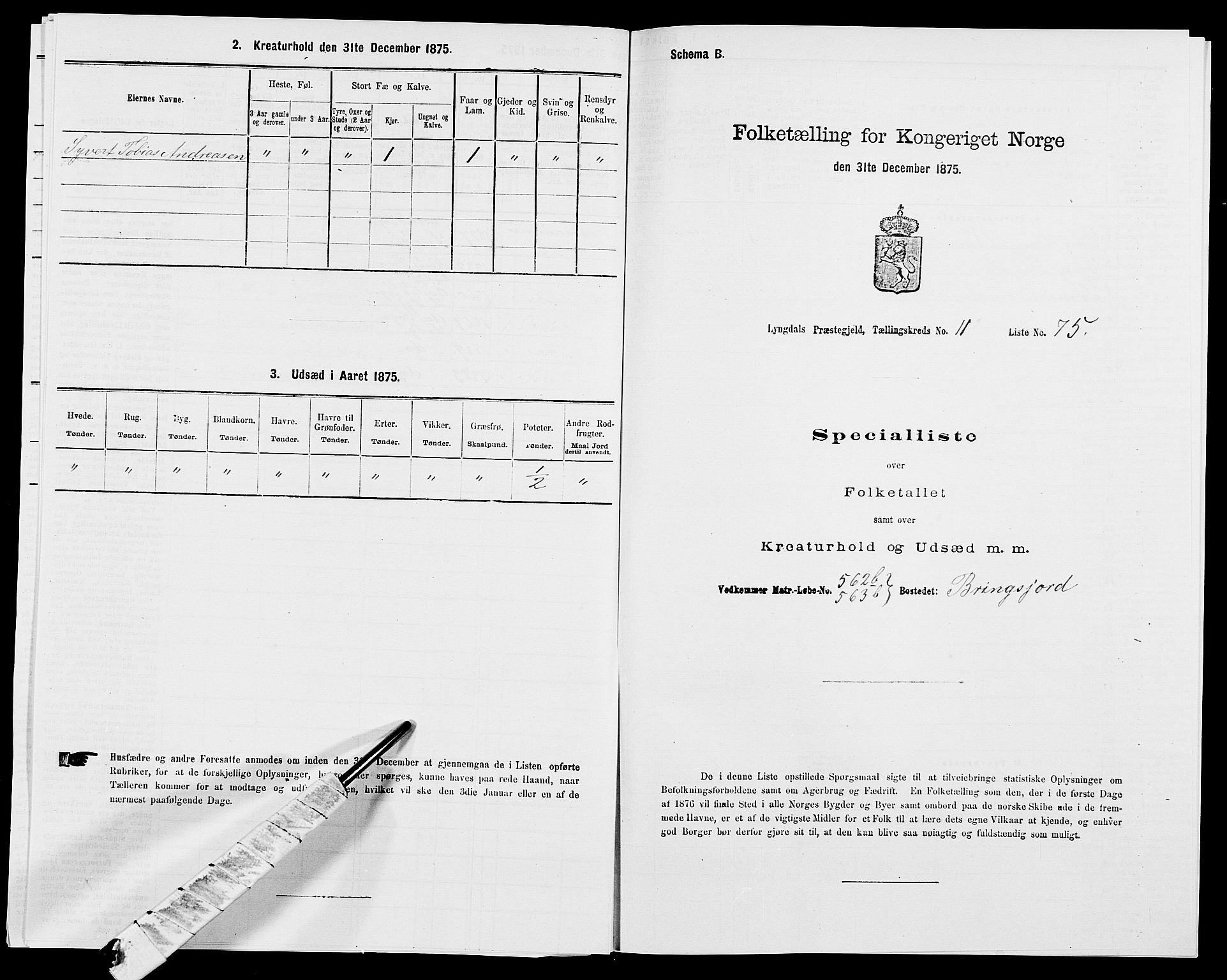 SAK, 1875 census for 1032P Lyngdal, 1875, p. 1851