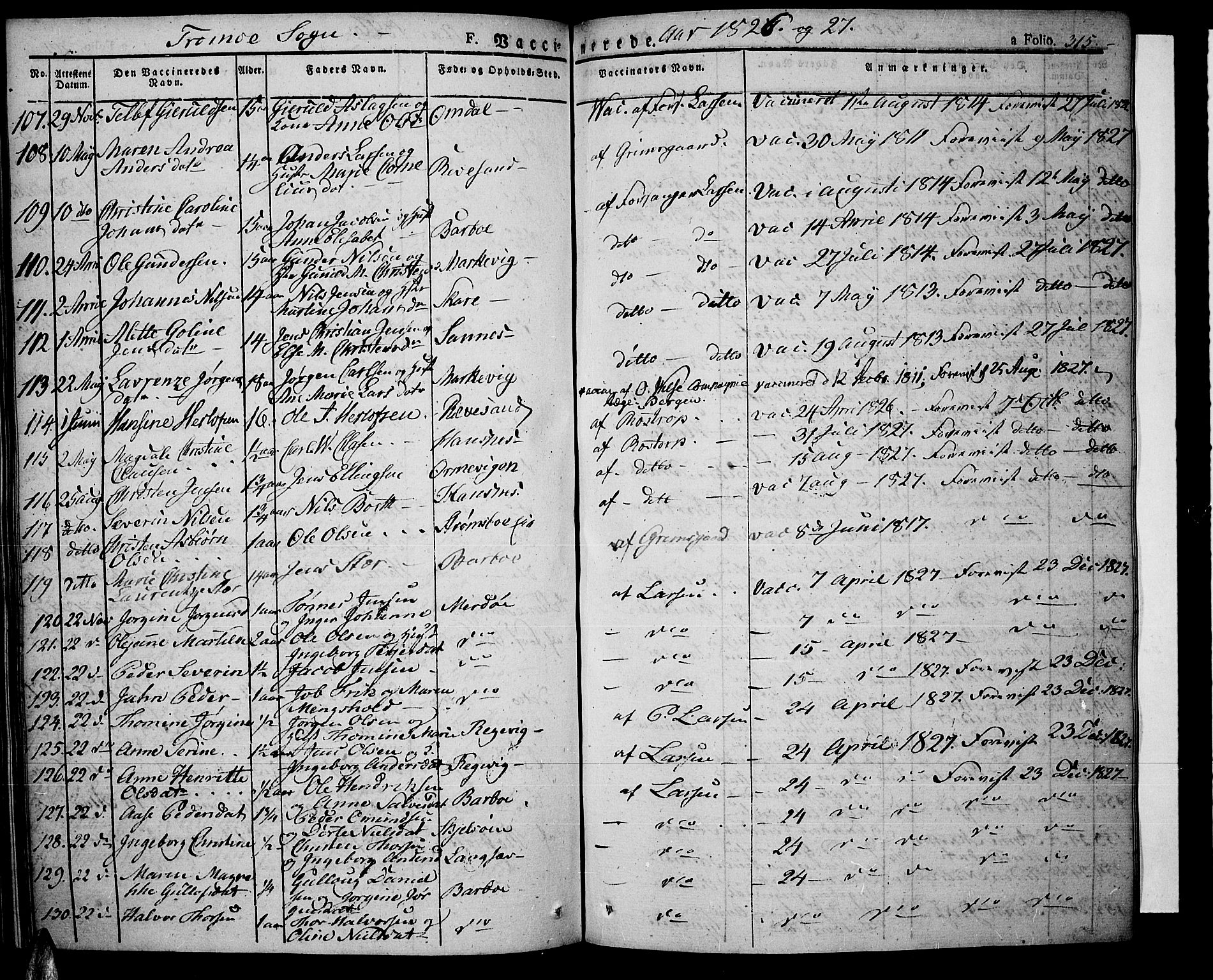 Tromøy sokneprestkontor, SAK/1111-0041/F/Fa/L0003: Parish register (official) no. A 3, 1825-1837, p. 315