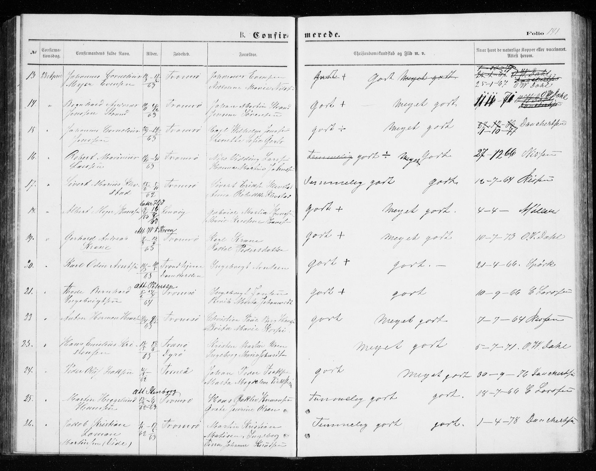 Tromsø sokneprestkontor/stiftsprosti/domprosti, SATØ/S-1343/G/Gb/L0008klokker: Parish register (copy) no. 8, 1875-1879, p. 141
