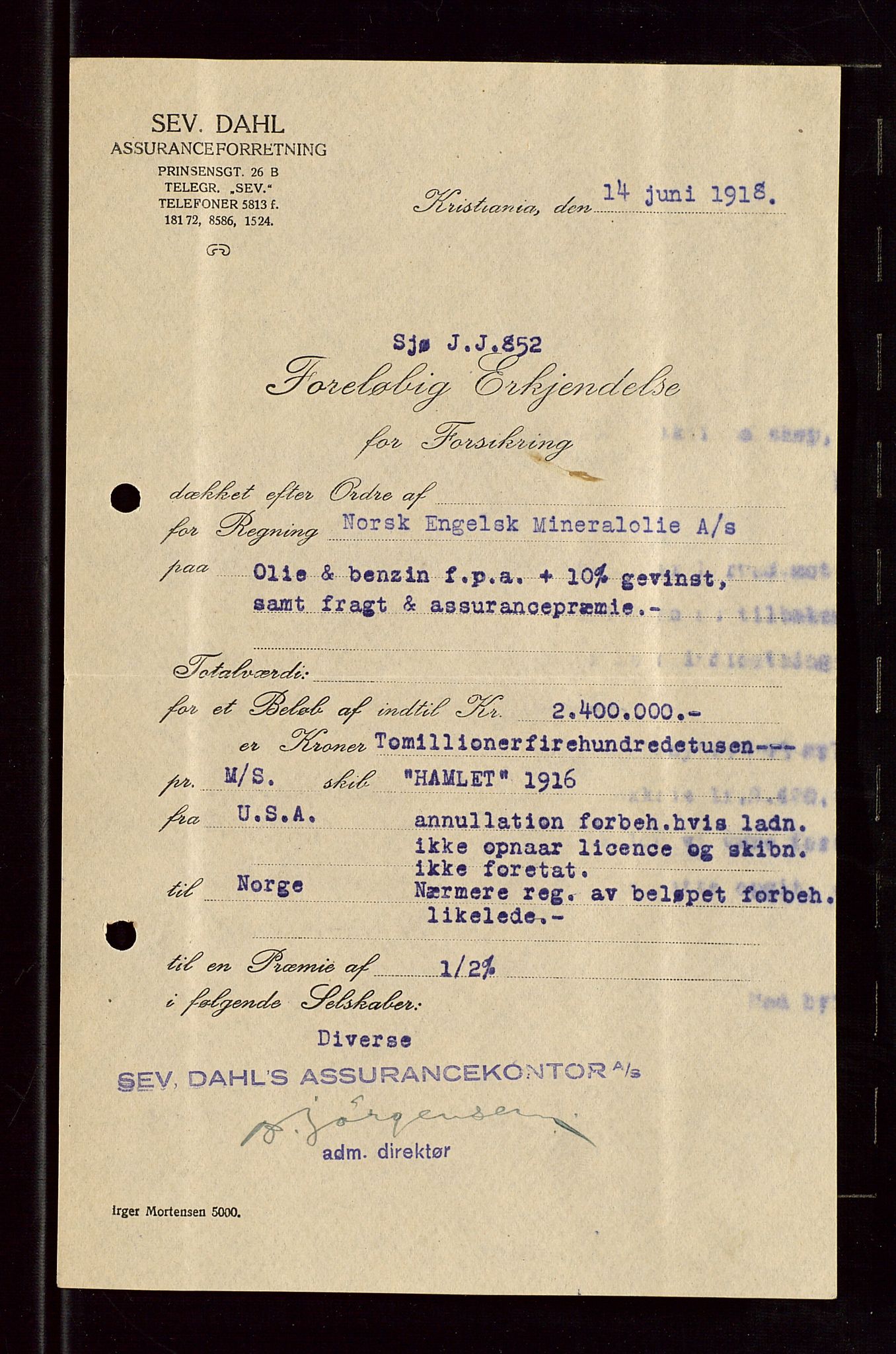 Pa 1521 - A/S Norske Shell, AV/SAST-A-101915/E/Ea/Eaa/L0005: Sjefskorrespondanse, 1918, p. 83