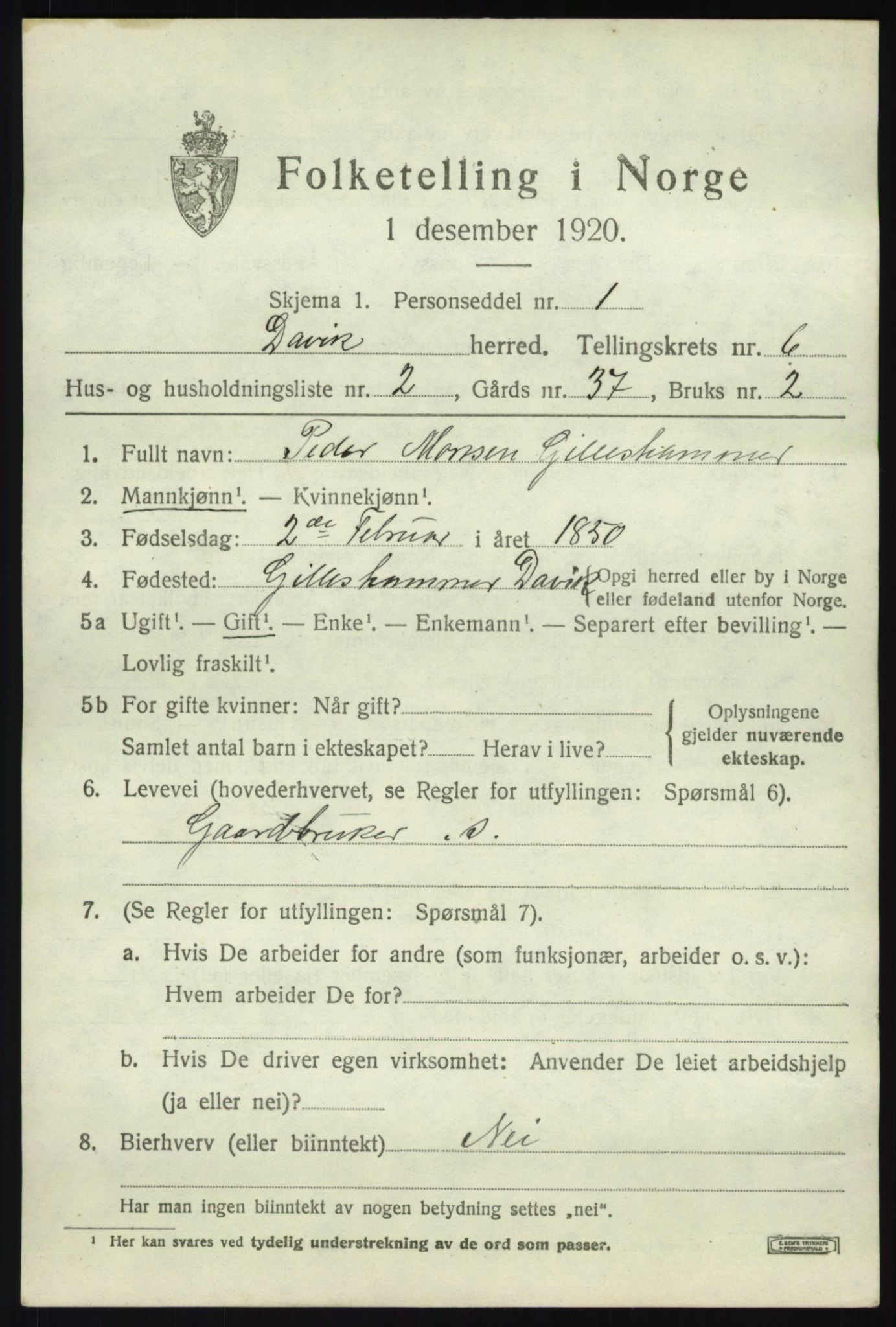 SAB, 1920 census for Davik, 1920, p. 3349