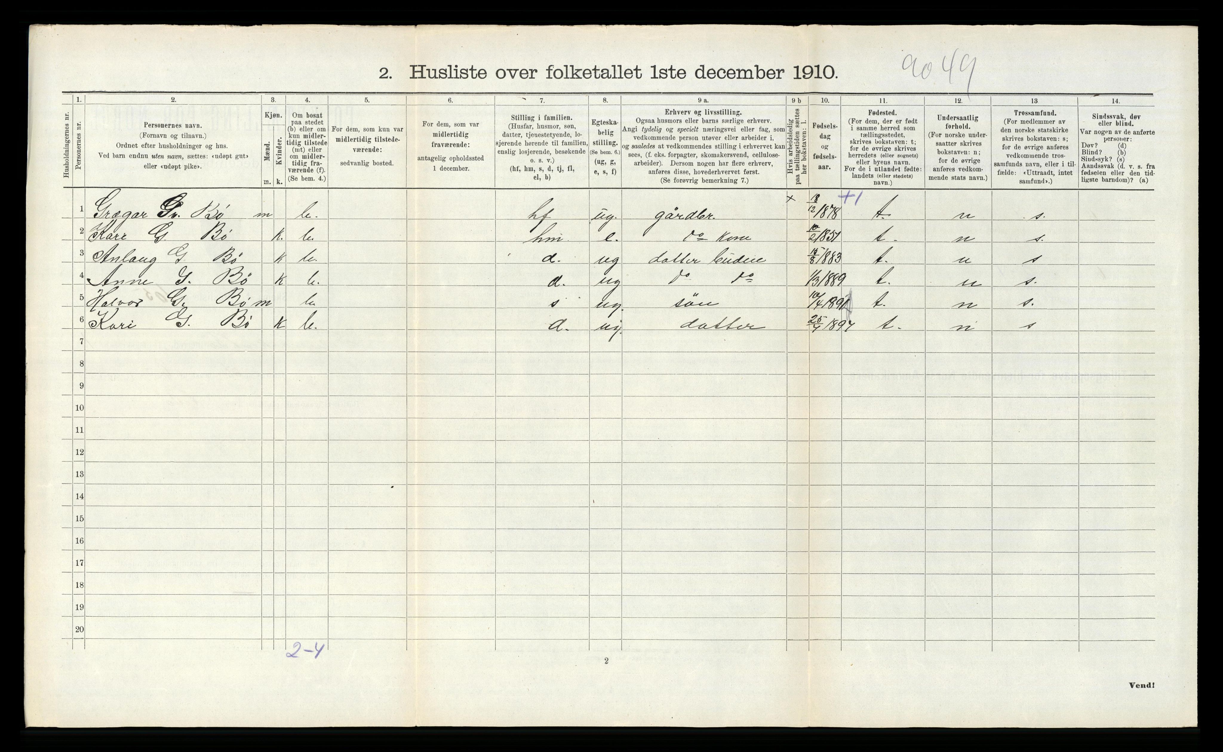 RA, 1910 census for Bø, 1910, p. 250