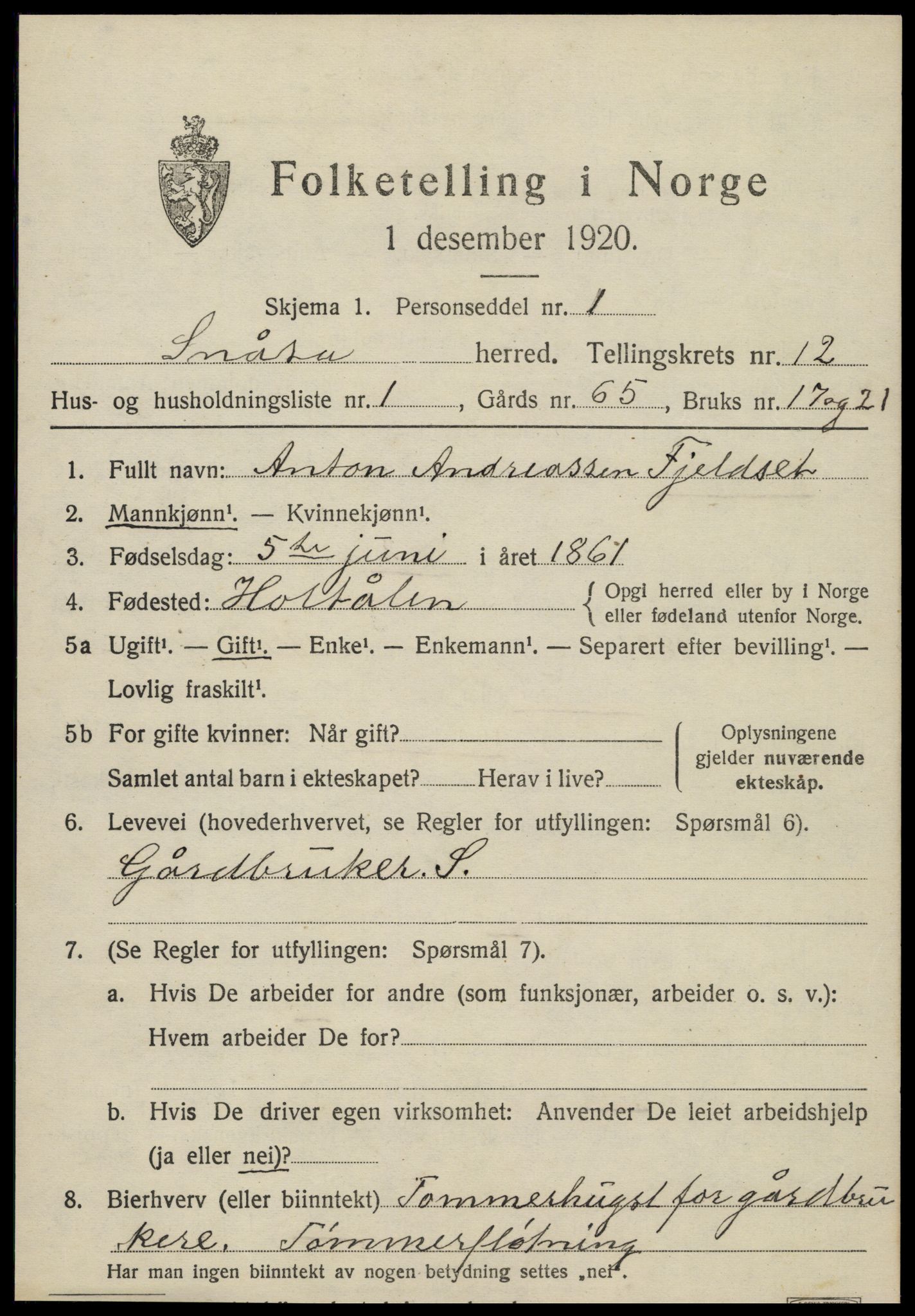 SAT, 1920 census for Snåsa, 1920, p. 5192