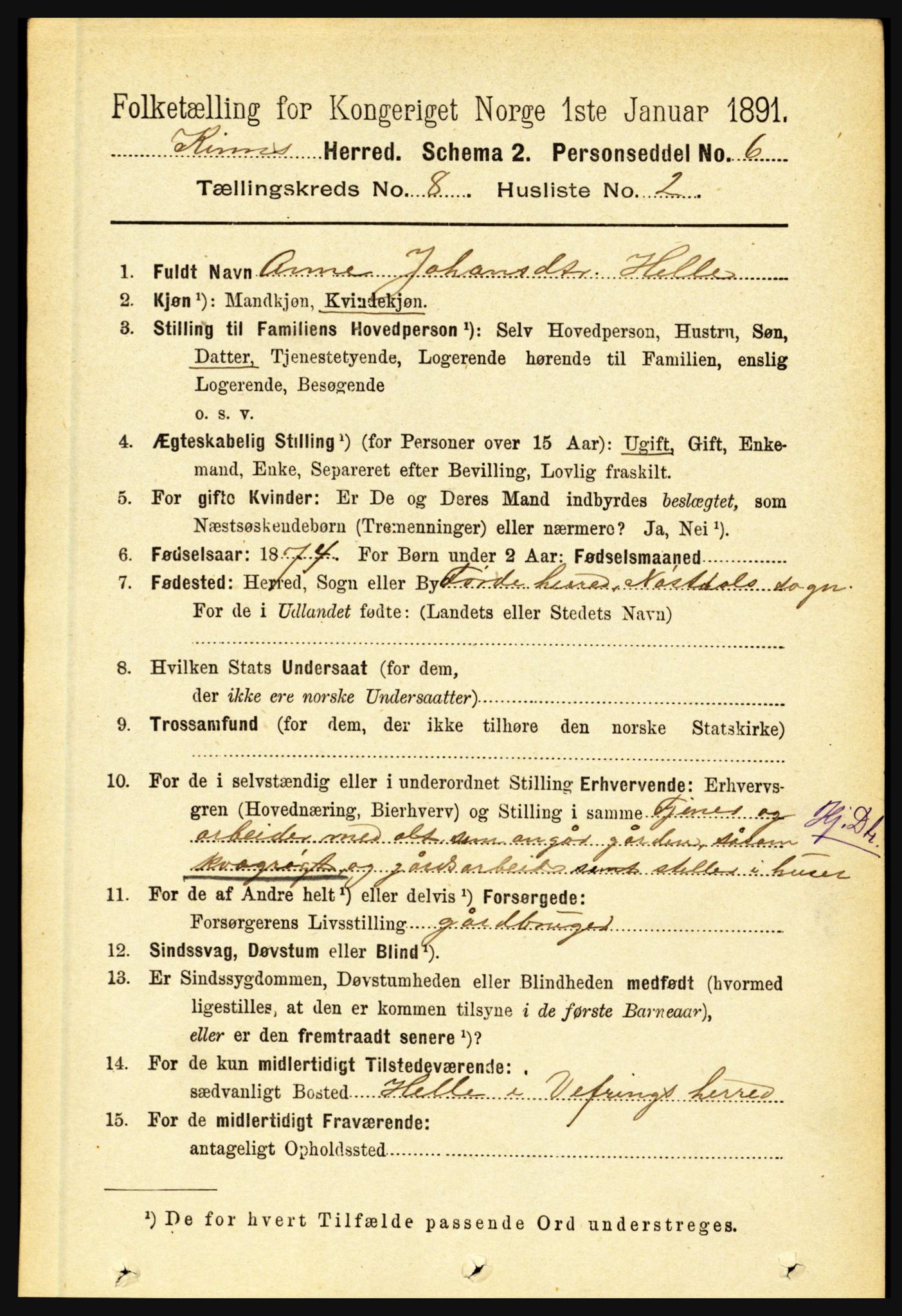 RA, 1891 census for 1437 Kinn, 1891, p. 3118
