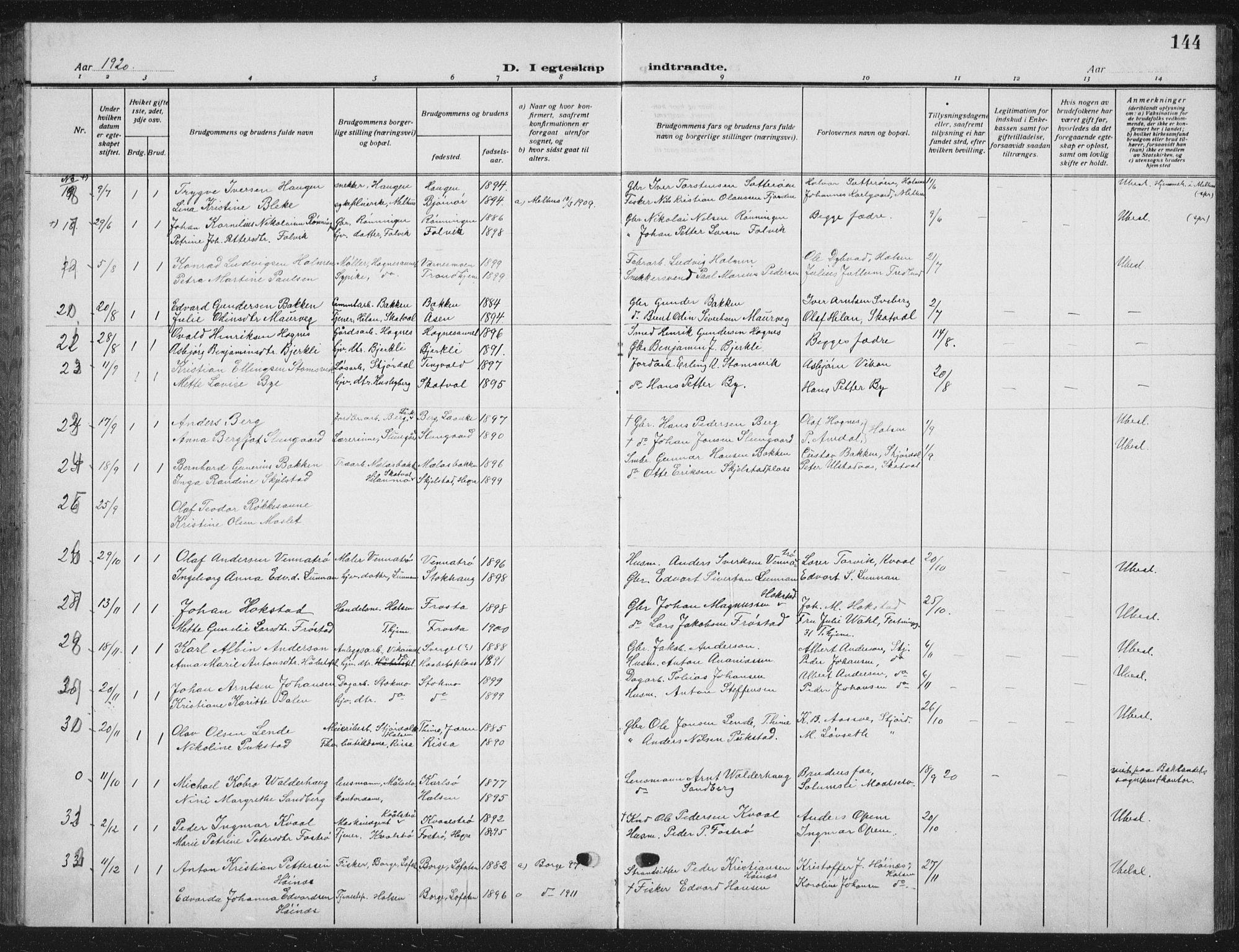 Ministerialprotokoller, klokkerbøker og fødselsregistre - Nord-Trøndelag, SAT/A-1458/709/L0088: Parish register (copy) no. 709C02, 1914-1934, p. 144