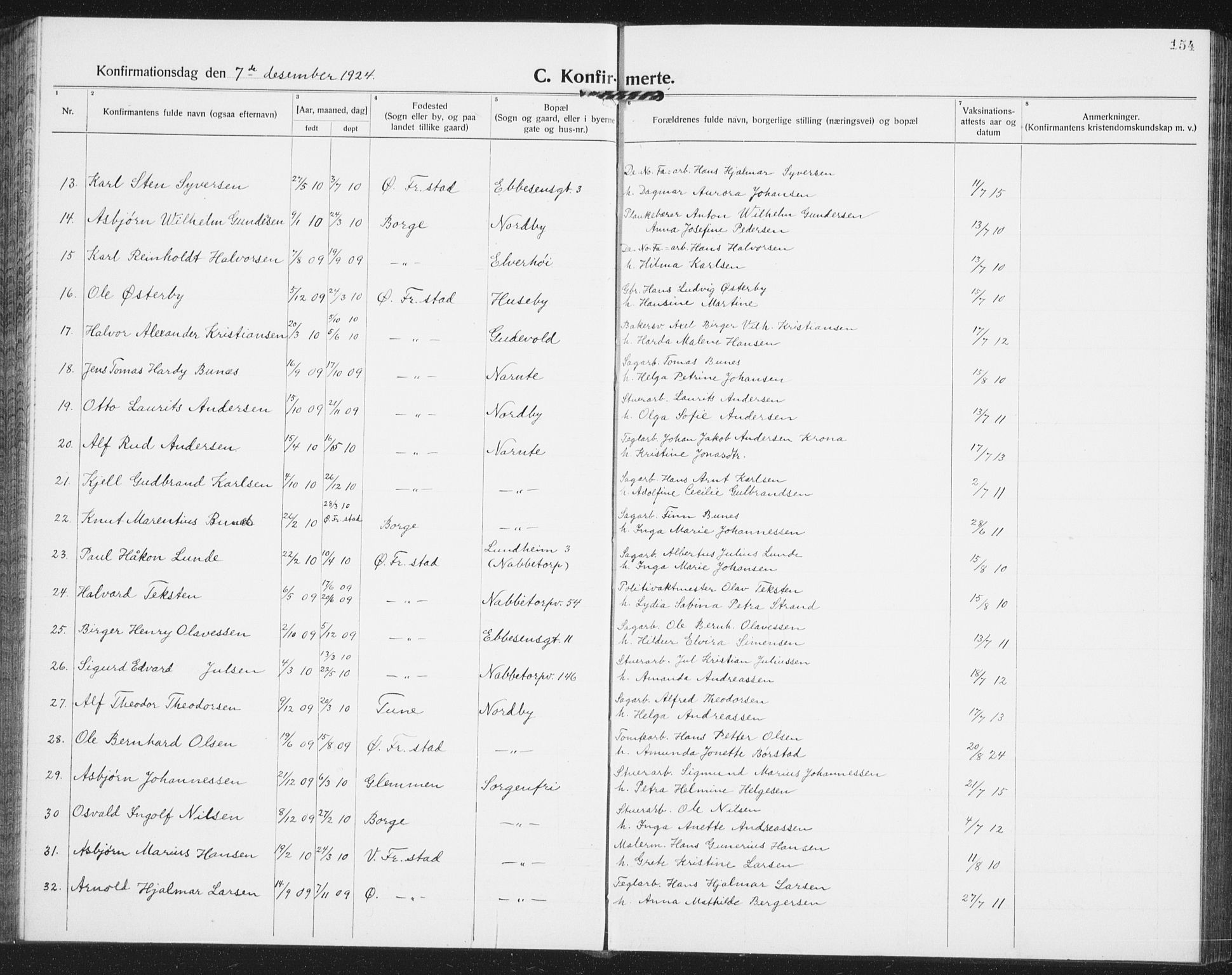 Østre Fredrikstad prestekontor Kirkebøker, AV/SAO-A-10907/G/Ga/L0003: Parish register (copy) no. 3, 1920-1940, p. 154