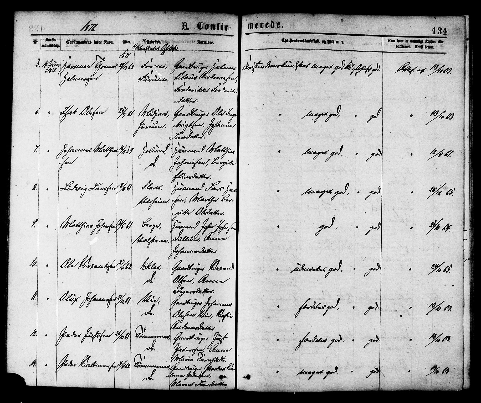 Ministerialprotokoller, klokkerbøker og fødselsregistre - Nord-Trøndelag, SAT/A-1458/758/L0516: Parish register (official) no. 758A03 /1, 1869-1879, p. 134