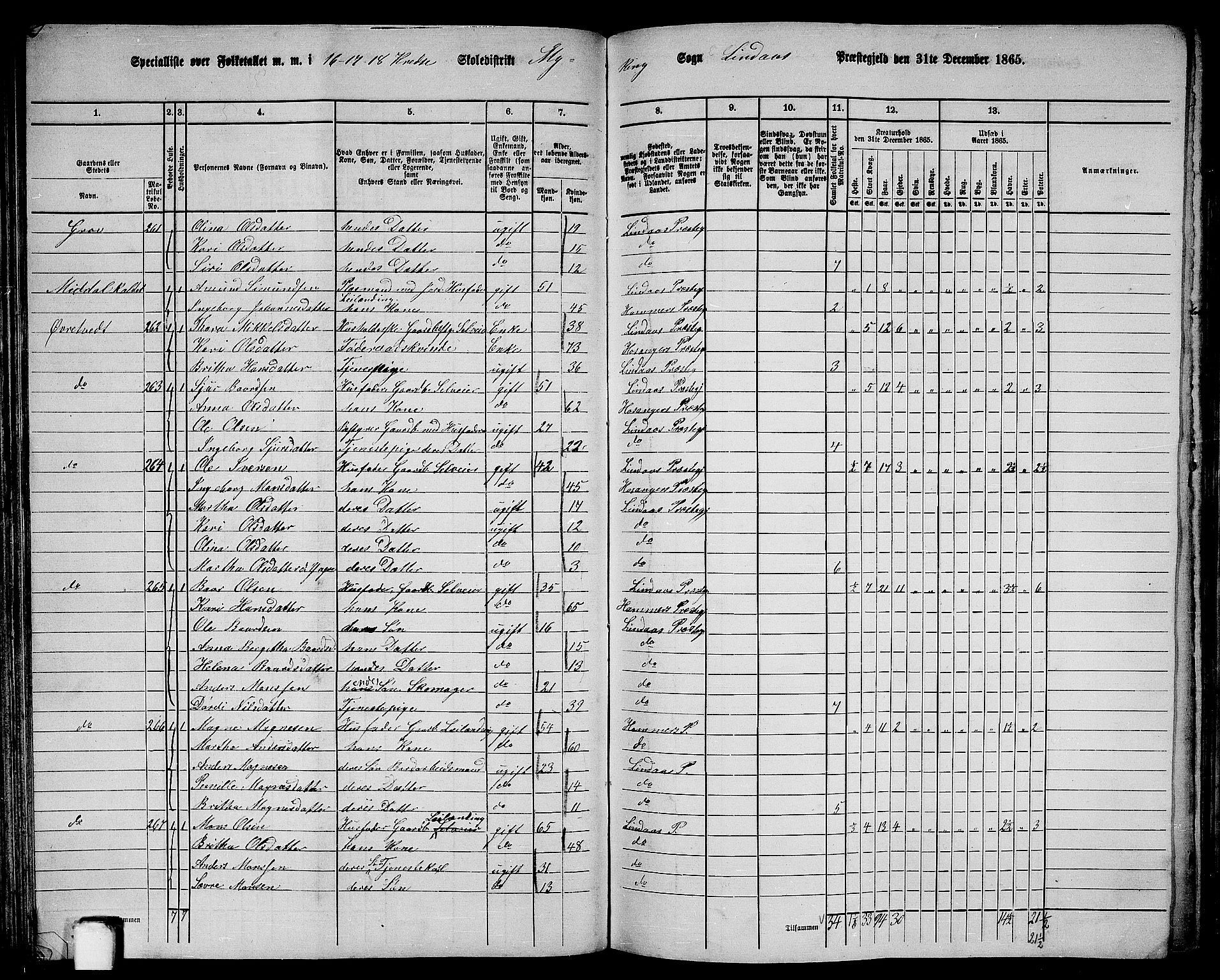 RA, 1865 census for Lindås, 1865, p. 123