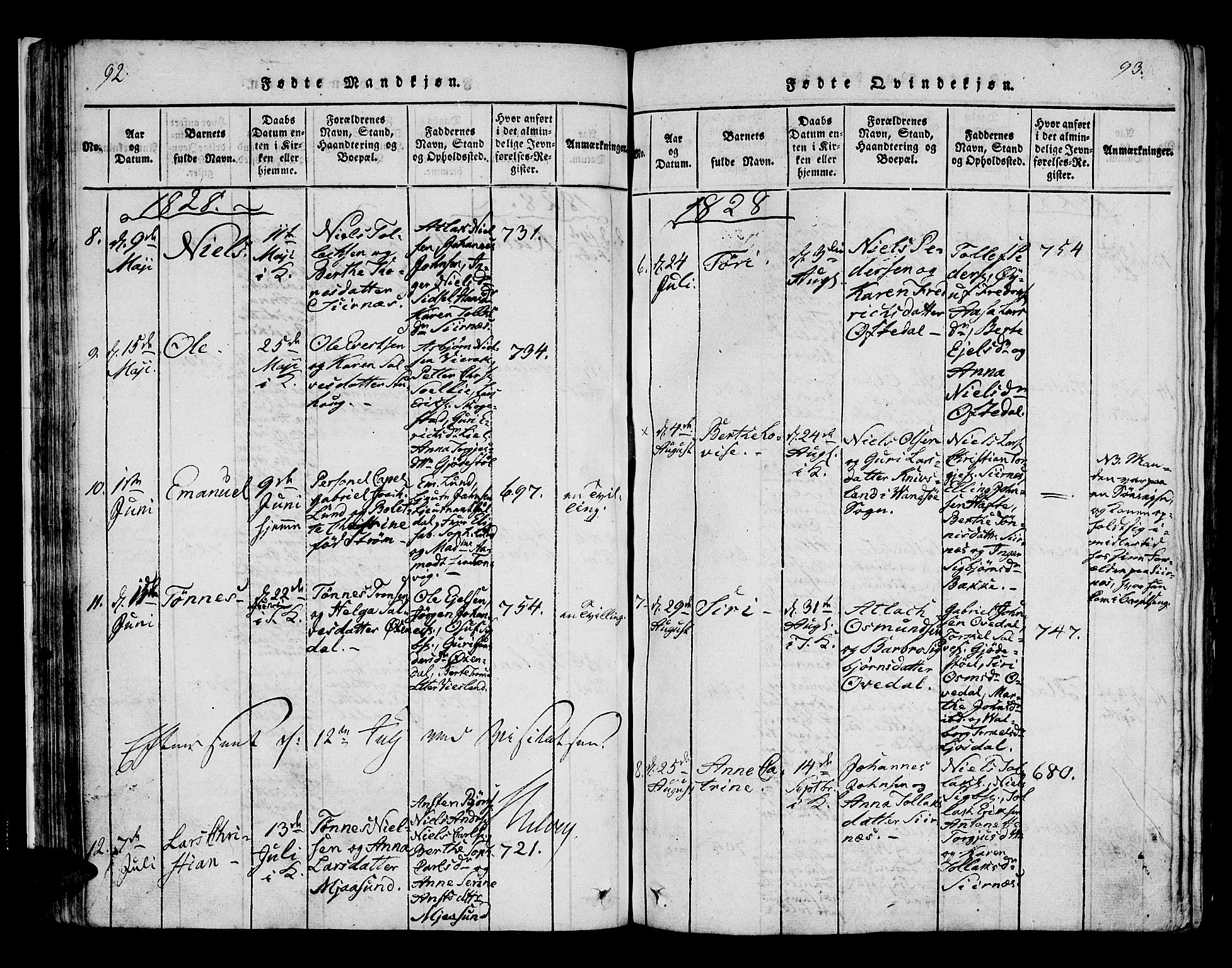 Bakke sokneprestkontor, SAK/1111-0002/F/Fa/Faa/L0003: Parish register (official) no. A 3, 1815-1835, p. 92-93