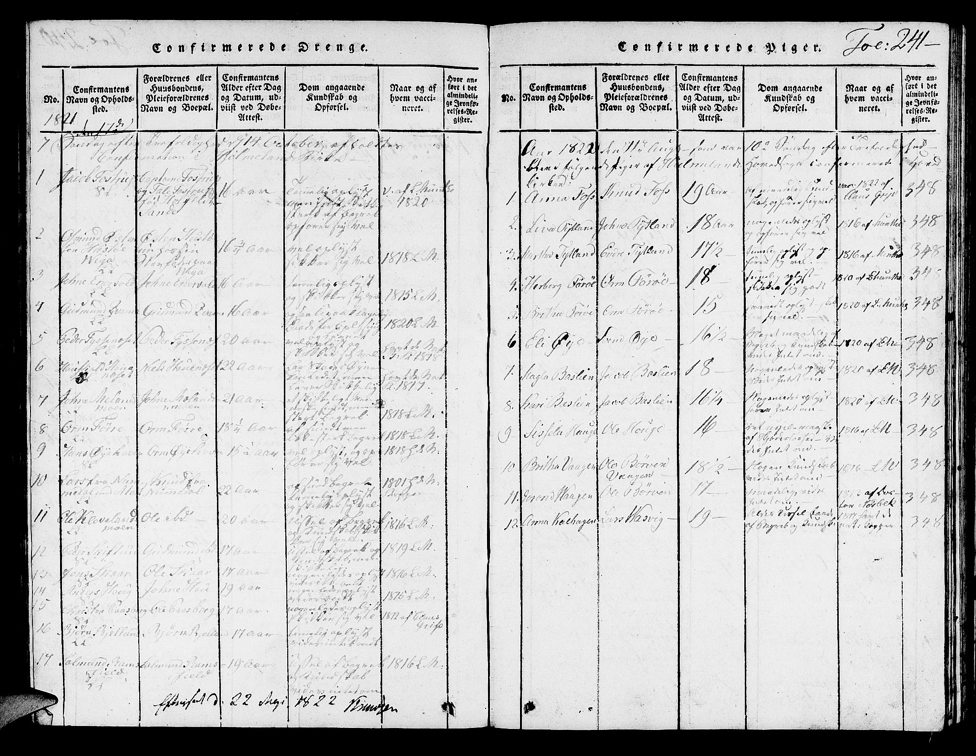 Hjelmeland sokneprestkontor, SAST/A-101843/01/V/L0001: Parish register (copy) no. B 1, 1816-1841, p. 241