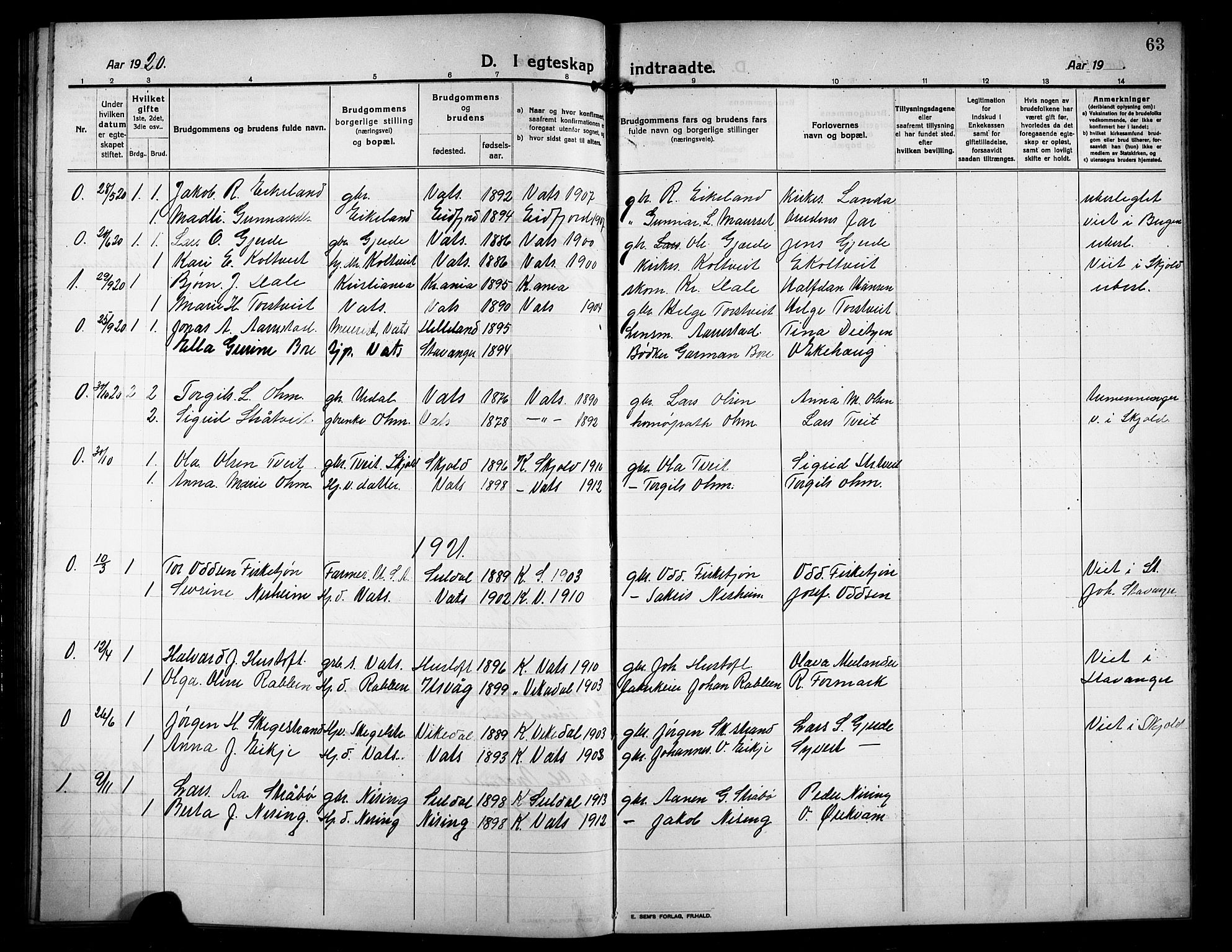 Skjold sokneprestkontor, AV/SAST-A-101847/H/Ha/Hab/L0009: Parish register (copy) no. B 9, 1914-1925, p. 63