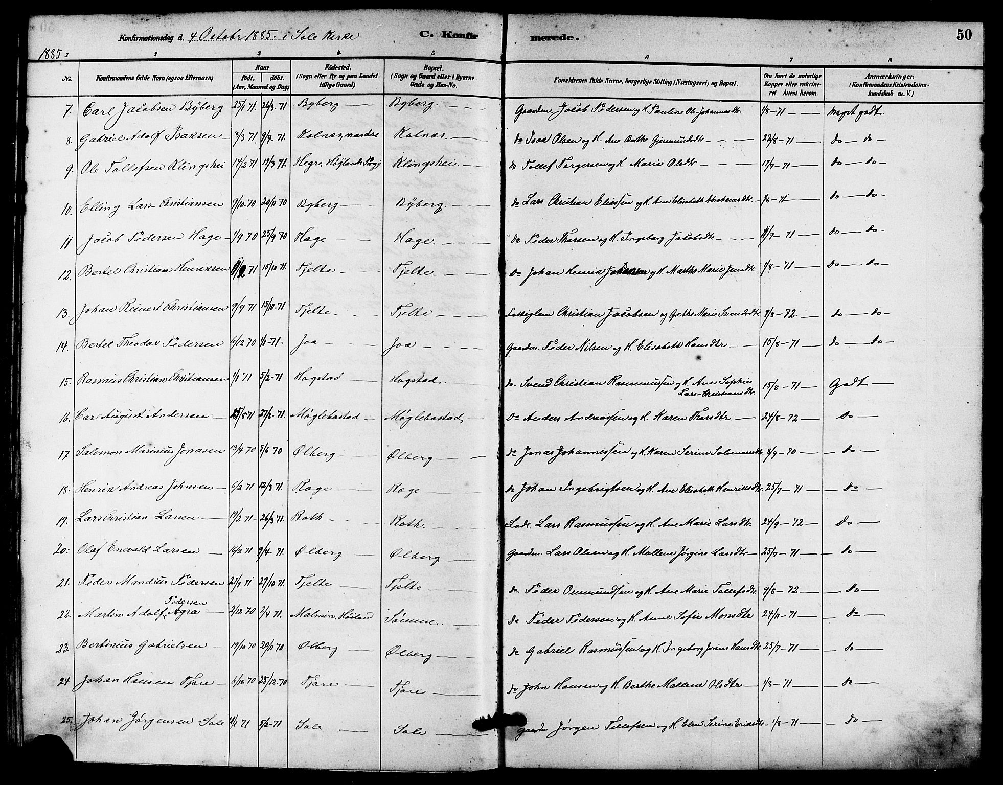 Håland sokneprestkontor, AV/SAST-A-101802/001/30BA/L0010: Parish register (official) no. A 9, 1883-1888, p. 50