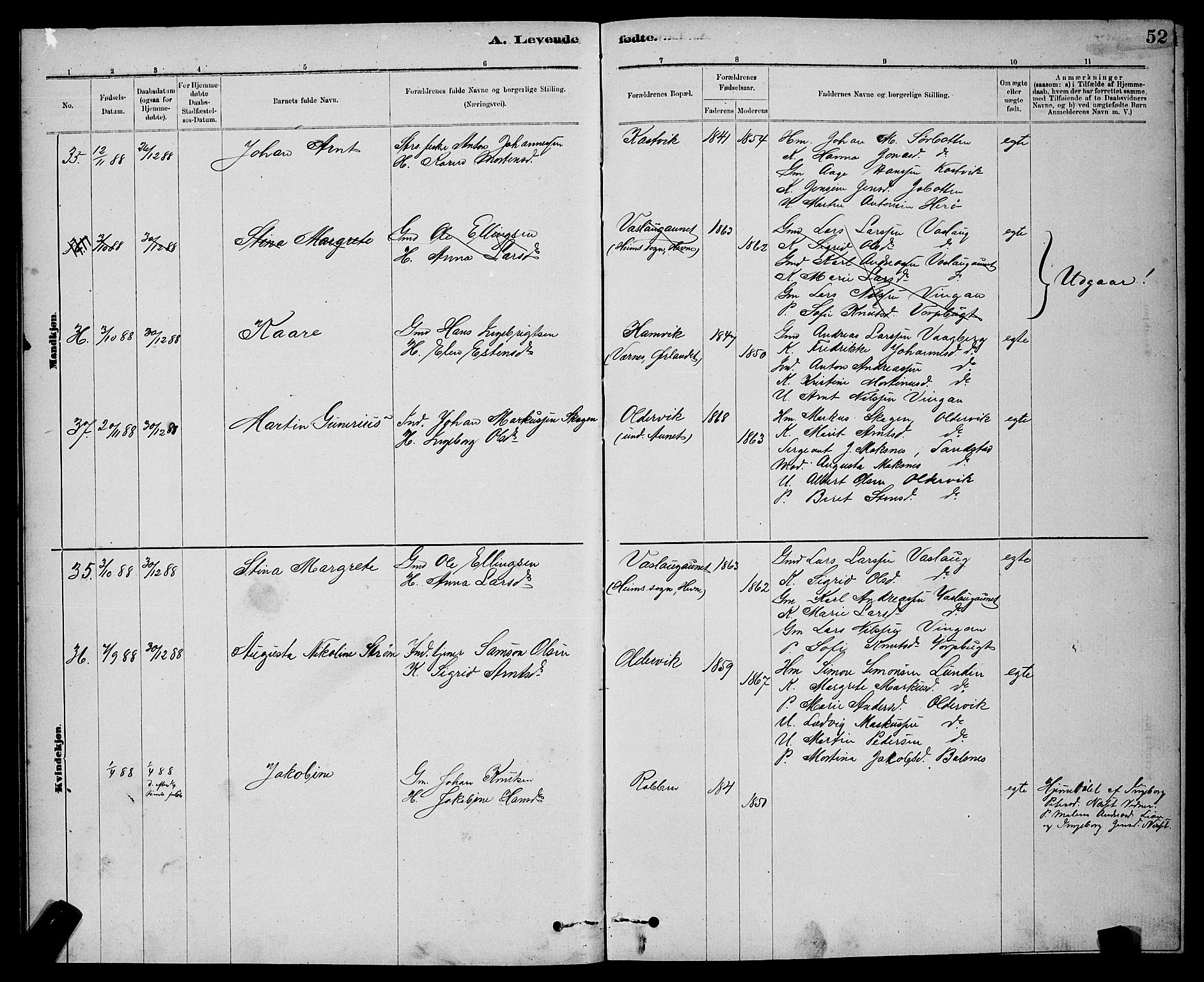 Ministerialprotokoller, klokkerbøker og fødselsregistre - Sør-Trøndelag, AV/SAT-A-1456/637/L0562: Parish register (copy) no. 637C03, 1883-1898, p. 52