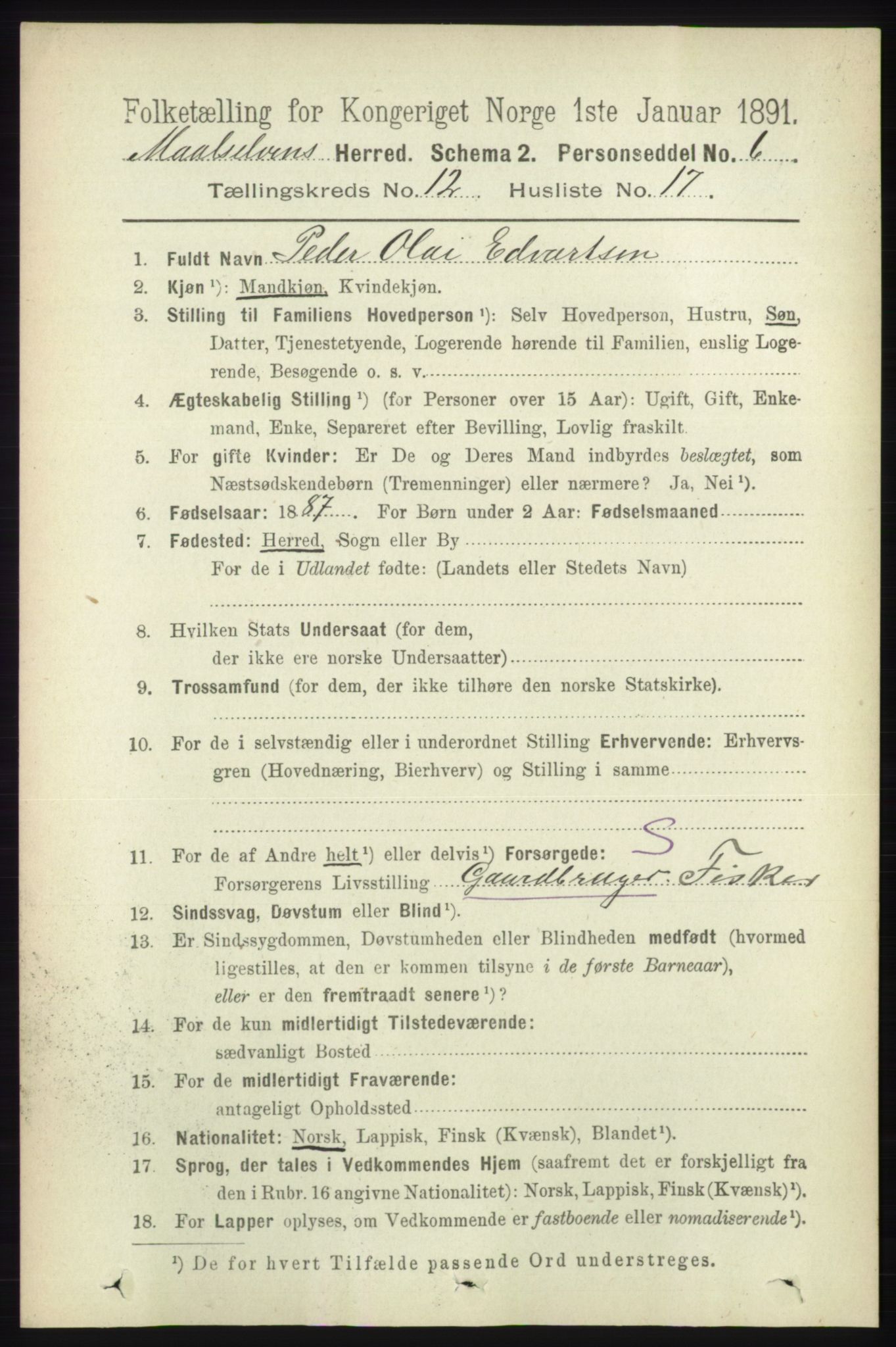 RA, 1891 census for 1924 Målselv, 1891, p. 3906