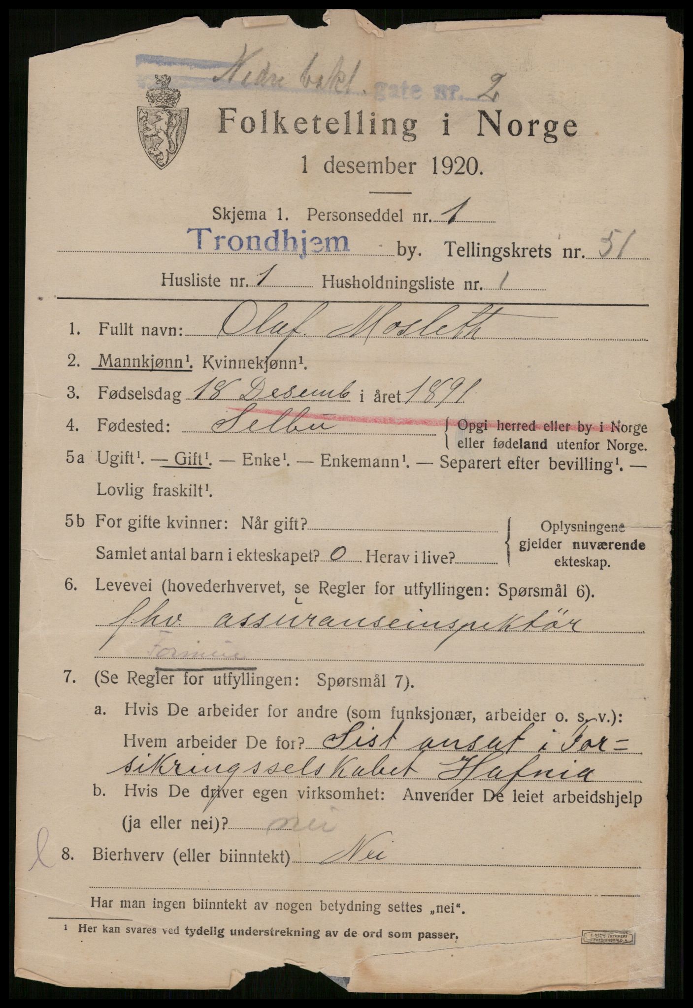 SAT, 1920 census for Trondheim, 1920, p. 105080