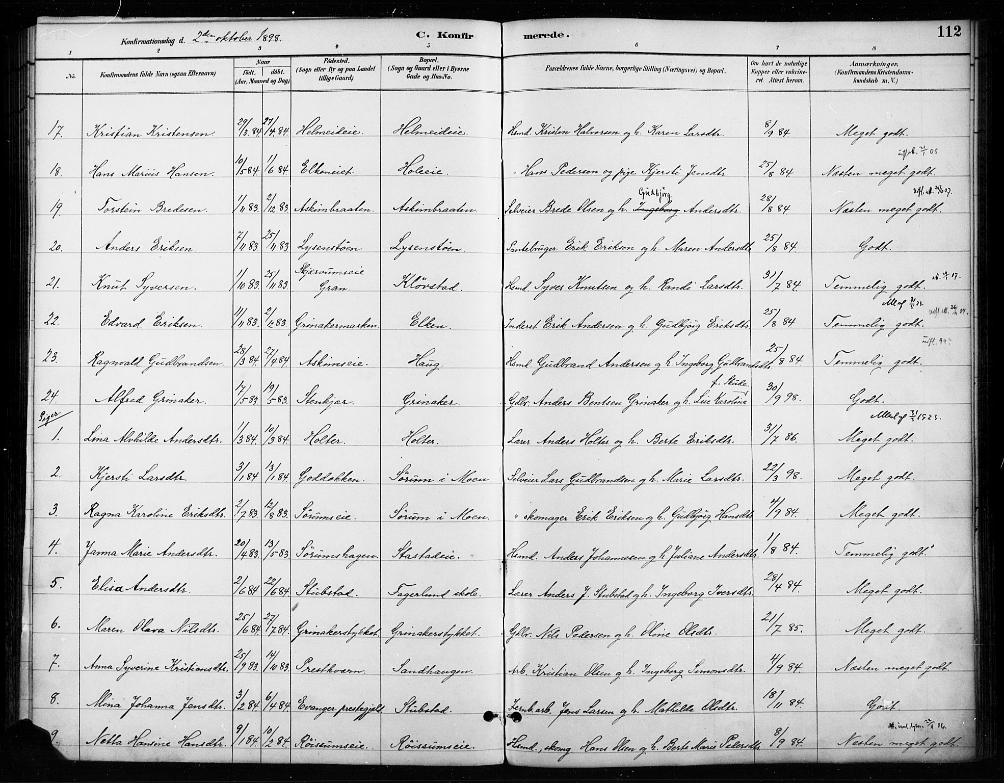 Gran prestekontor, SAH/PREST-112/H/Ha/Haa/L0018: Parish register (official) no. 18, 1889-1899, p. 112