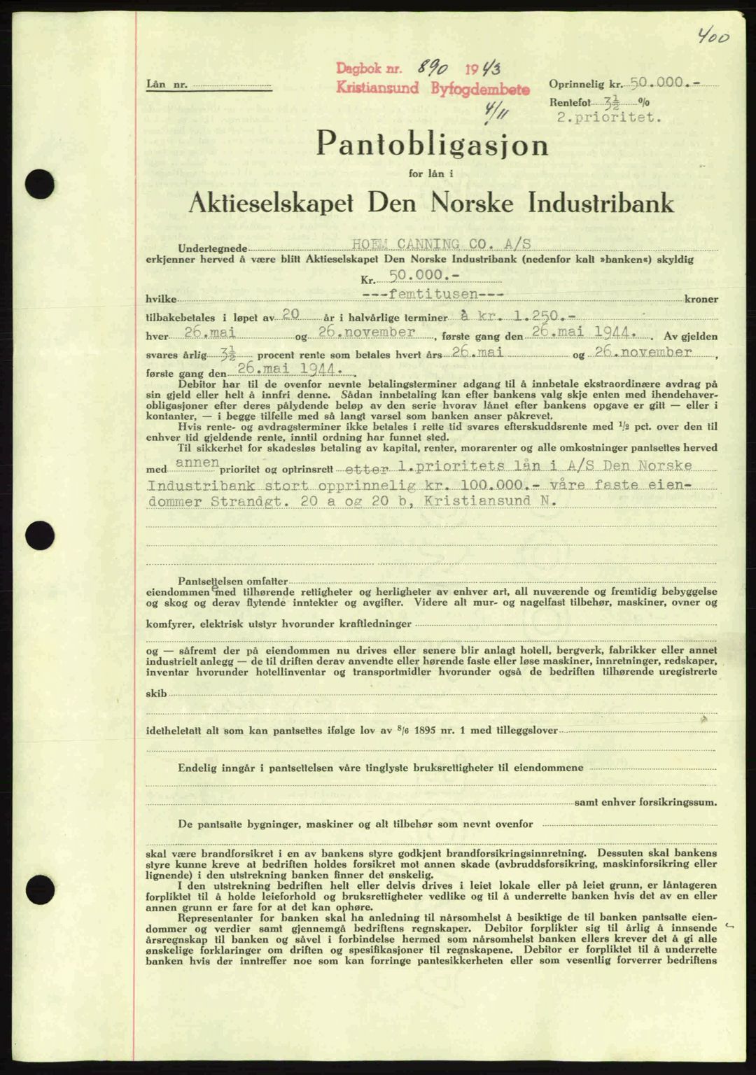 Kristiansund byfogd, SAT/A-4587/A/27: Mortgage book no. 36, 1942-1943, Diary no: : 890/1943