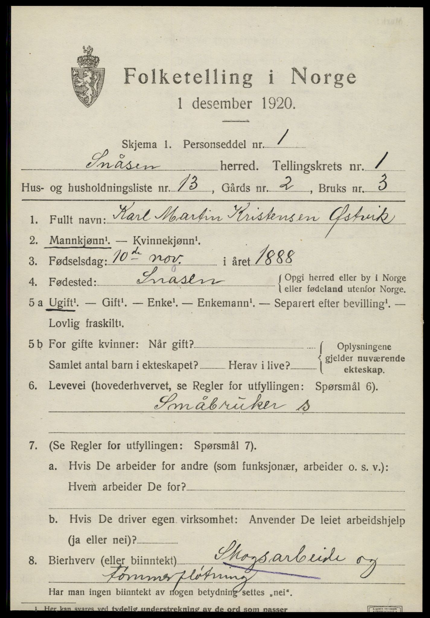 SAT, 1920 census for Snåsa, 1920, p. 1166