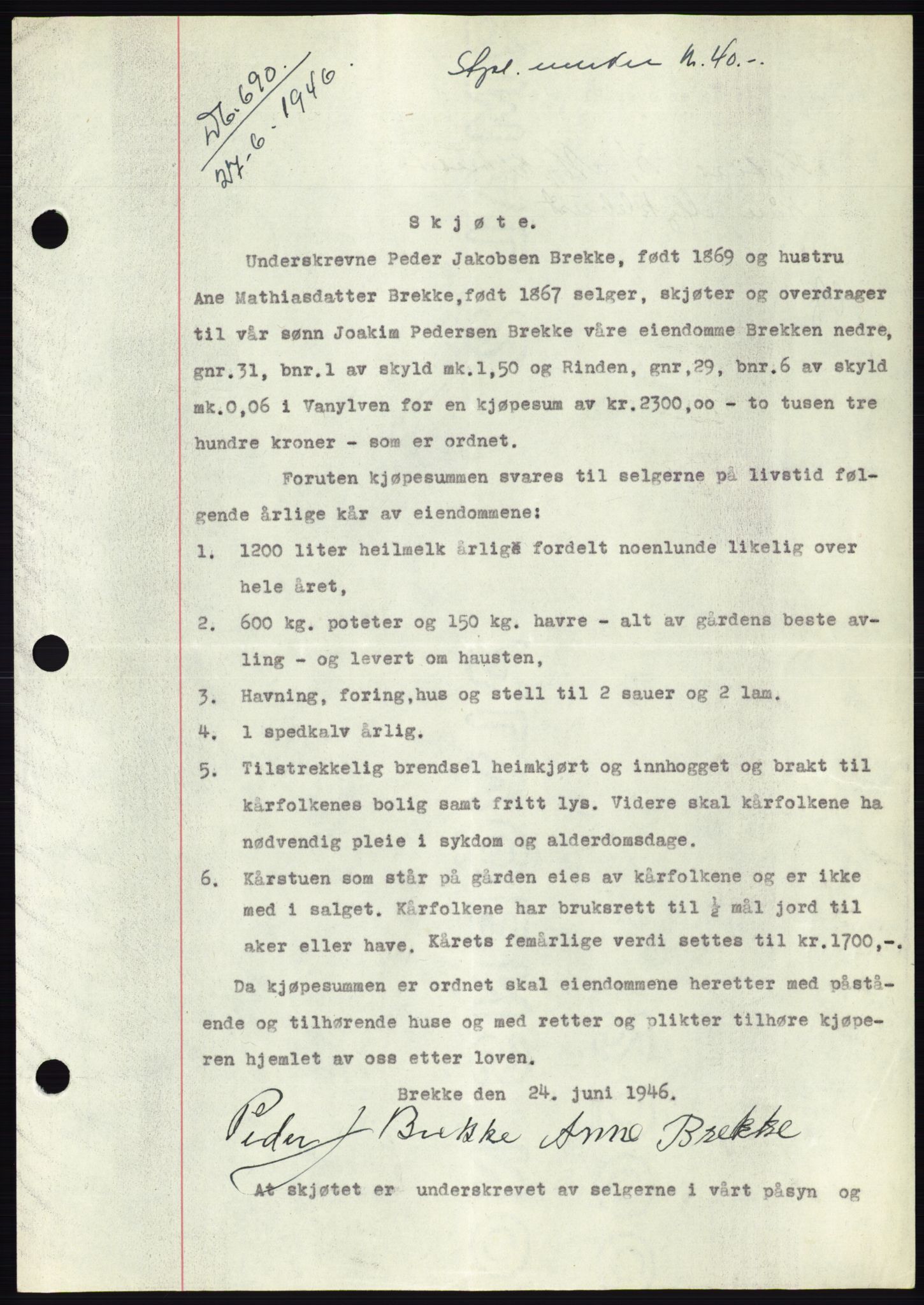 Søre Sunnmøre sorenskriveri, AV/SAT-A-4122/1/2/2C/L0078: Mortgage book no. 4A, 1946-1946, Diary no: : 690/1946