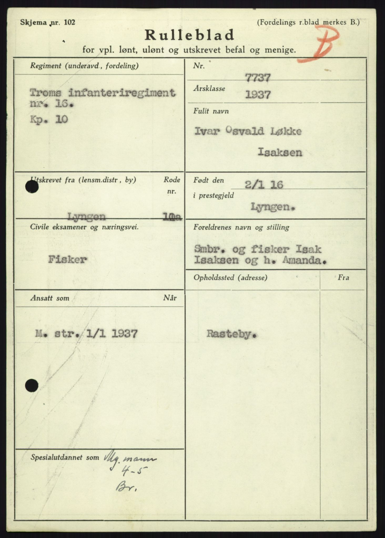 Forsvaret, Troms infanteriregiment nr. 16, AV/RA-RAFA-3146/P/Pa/L0021: Rulleblad for regimentets menige mannskaper, årsklasse 1937, 1937, p. 427