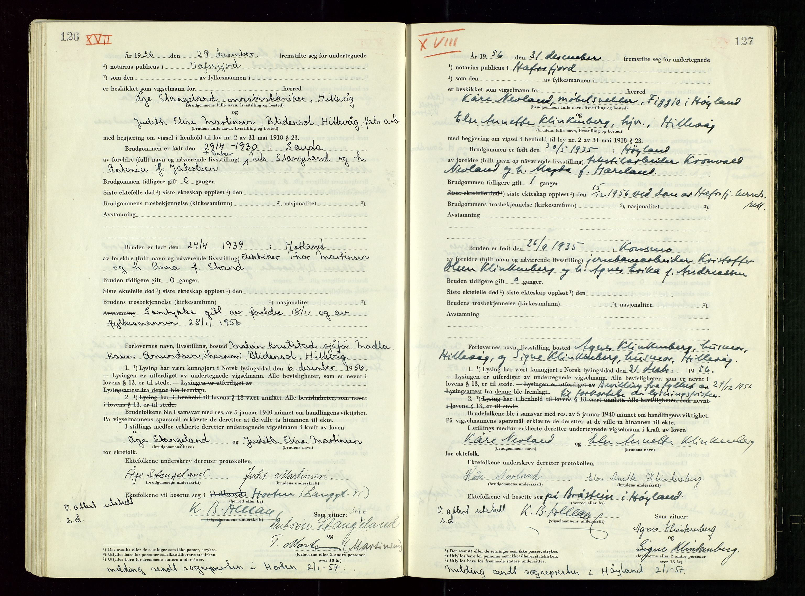 Hafrsfjord sorenskriveri, AV/SAST-A-100313/I/Ic/L0001: "Vigsels-bok", 1951-1959, p. 126-127