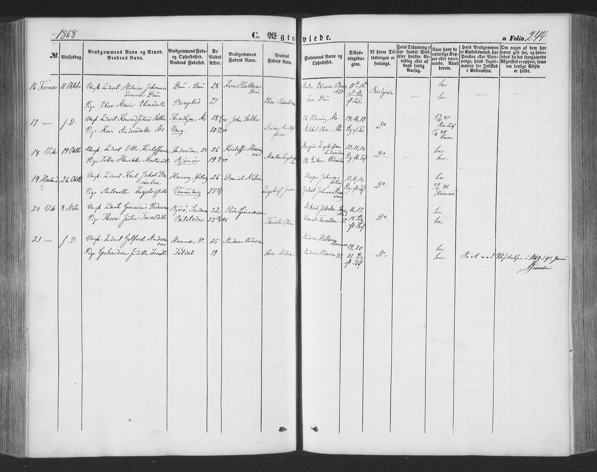 Ministerialprotokoller, klokkerbøker og fødselsregistre - Nord-Trøndelag, AV/SAT-A-1458/773/L0615: Parish register (official) no. 773A06, 1857-1870, p. 244