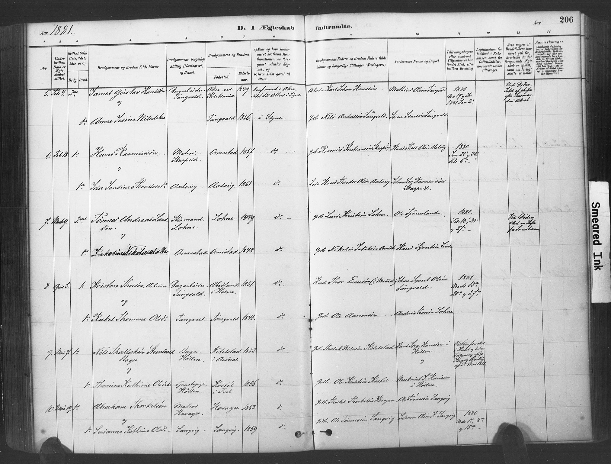 Søgne sokneprestkontor, SAK/1111-0037/F/Fa/Fab/L0012: Parish register (official) no. A 12, 1880-1891, p. 206