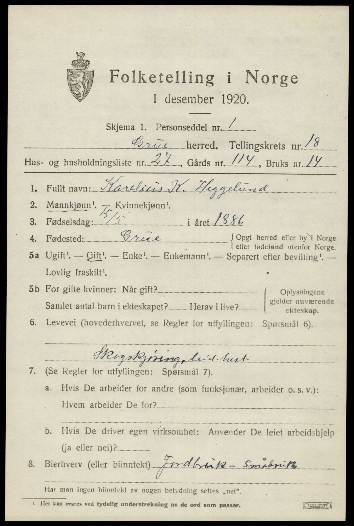 SAH, 1920 census for Grue, 1920, p. 14275