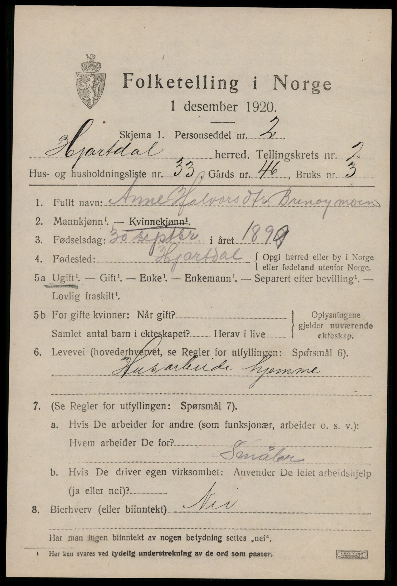 SAKO, 1920 census for Hjartdal, 1920, p. 2170