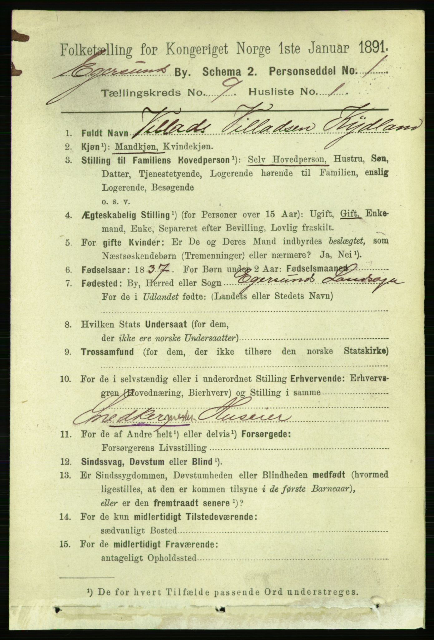 RA, 1891 census for 1101 Egersund, 1891, p. 1540