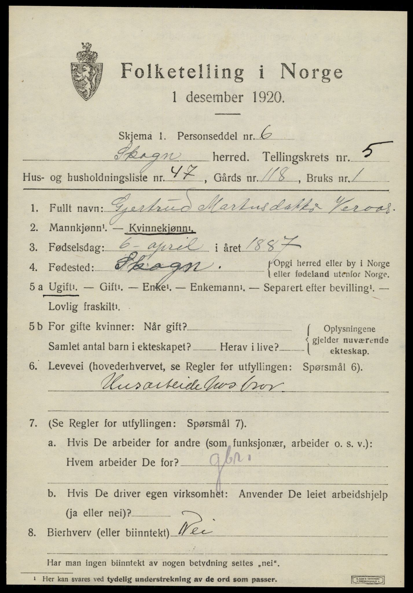 SAT, 1920 census for Skogn, 1920, p. 6991