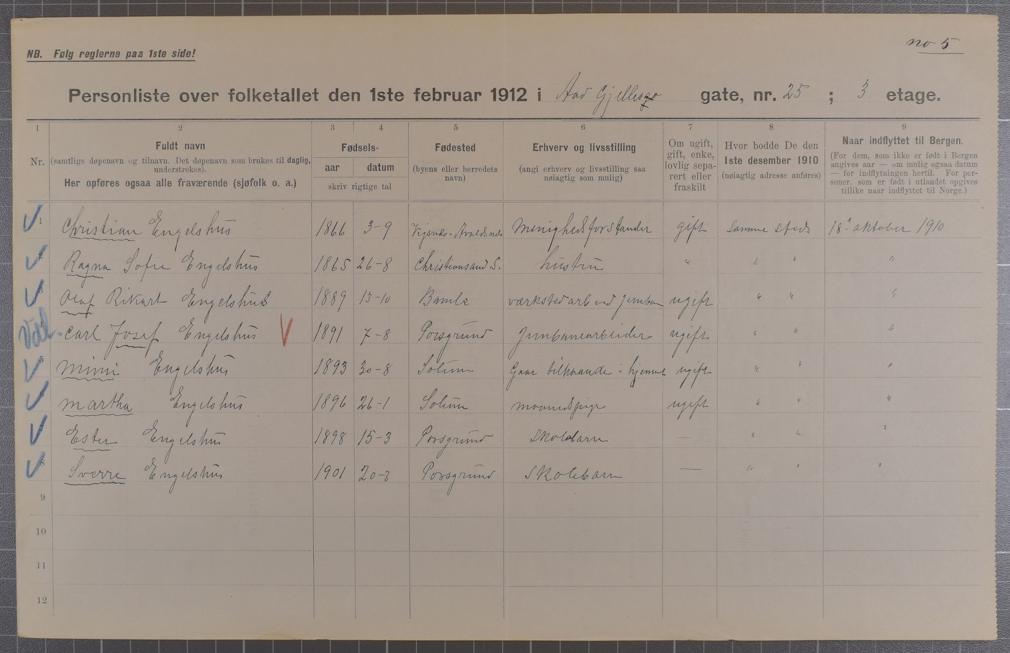 SAB, Municipal Census 1912 for Bergen, 1912, p. 180