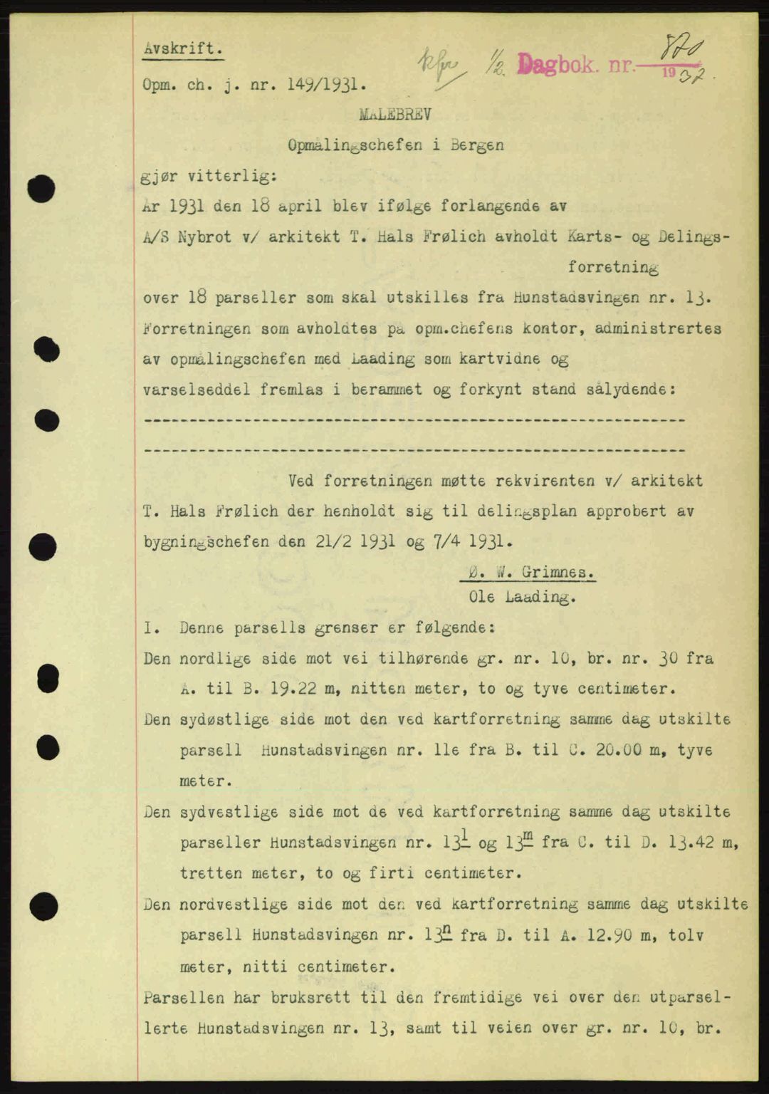 Byfogd og Byskriver i Bergen, SAB/A-3401/03/03Bc/L0004: Mortgage book no. A3-4, 1936-1937, Diary no: : 870/1937
